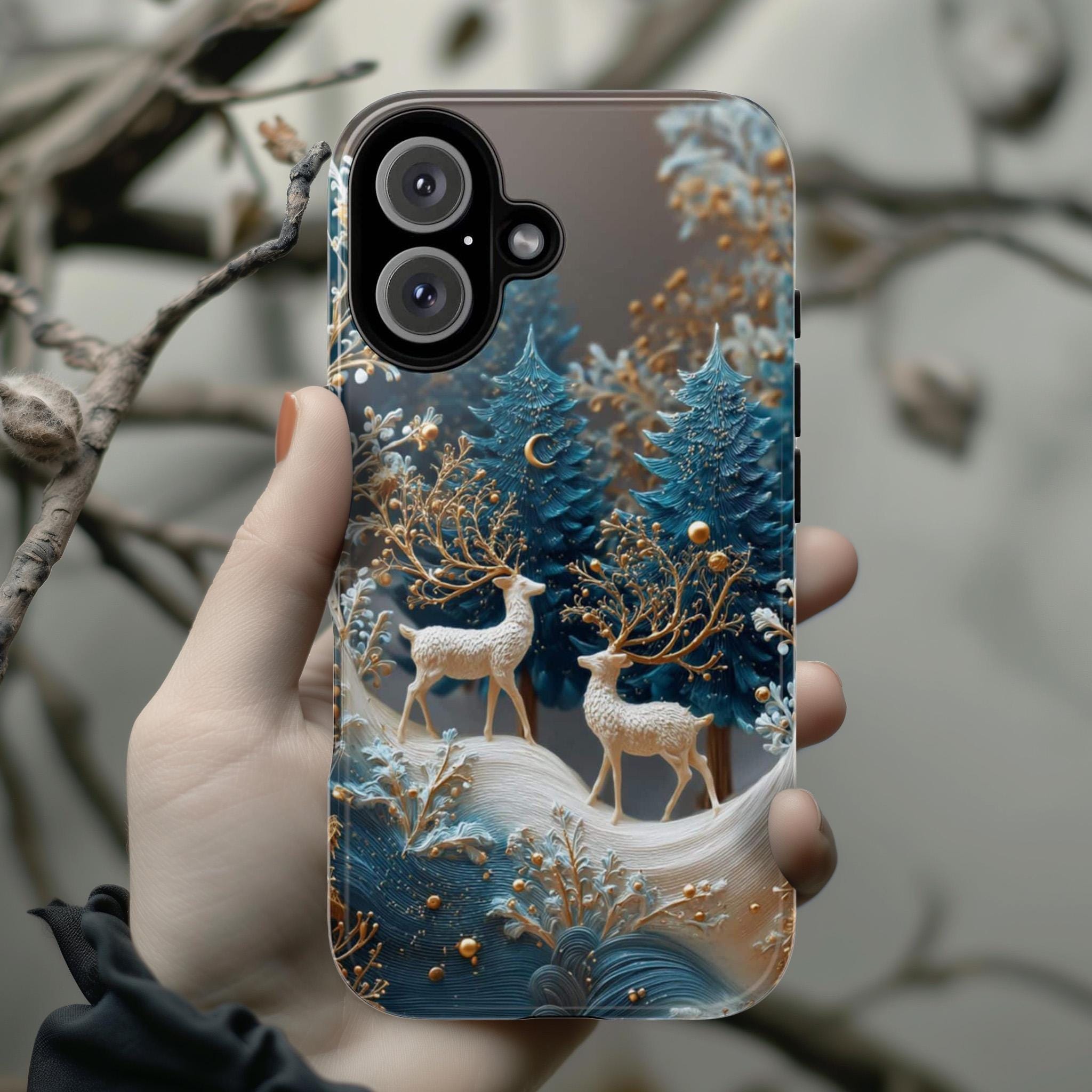 Winter Chistmas Forest Reindeer Phone Case | Snowy Holiday Woodland Cover for iPhone 16 15 14 Tough or Magsafe, Samsung, 481.1