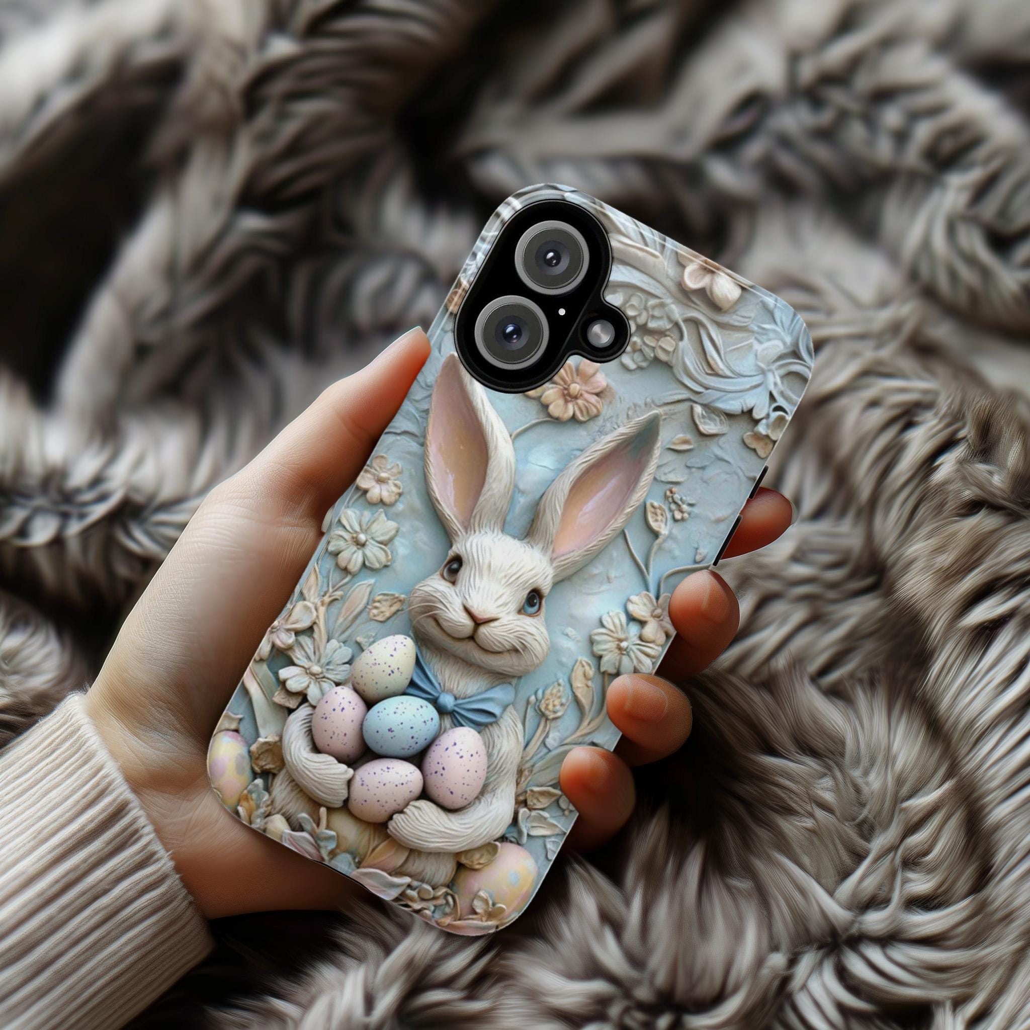 Easter Bunny & Egges 3D Style Phone Case, Spring Design Cute Pastel Rabbit Case for iPhone 16 15 14 13 Tough or Magsafe, Samsung, 464.5