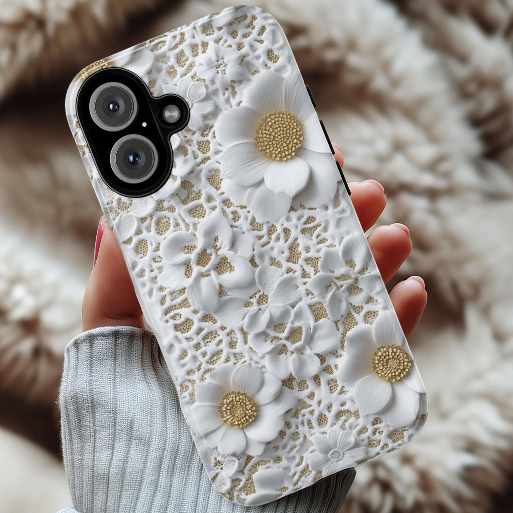 Elegant White Lace Floral Phone Case, Wedding Gift for Bride Cover, Bridal Accessory for iPhone 17 16 15 Tough or Magsafe, Samsung, 439.79