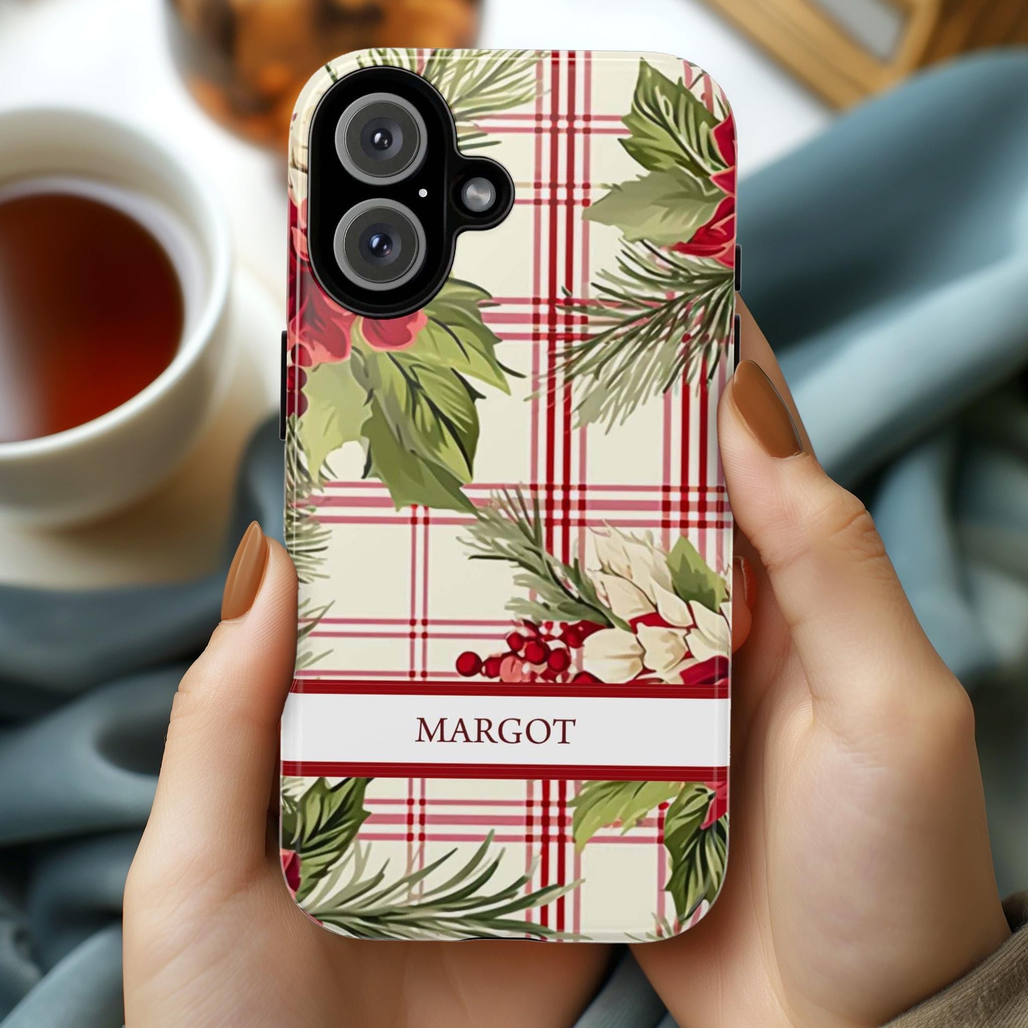 Personalized iPhone Case Holiday Holly Phone Case, Custom Xmas Phone Cover for iPhone 15 14 13 12 11 XR Pro Max Plus/Samsung Galaxy, 106.3