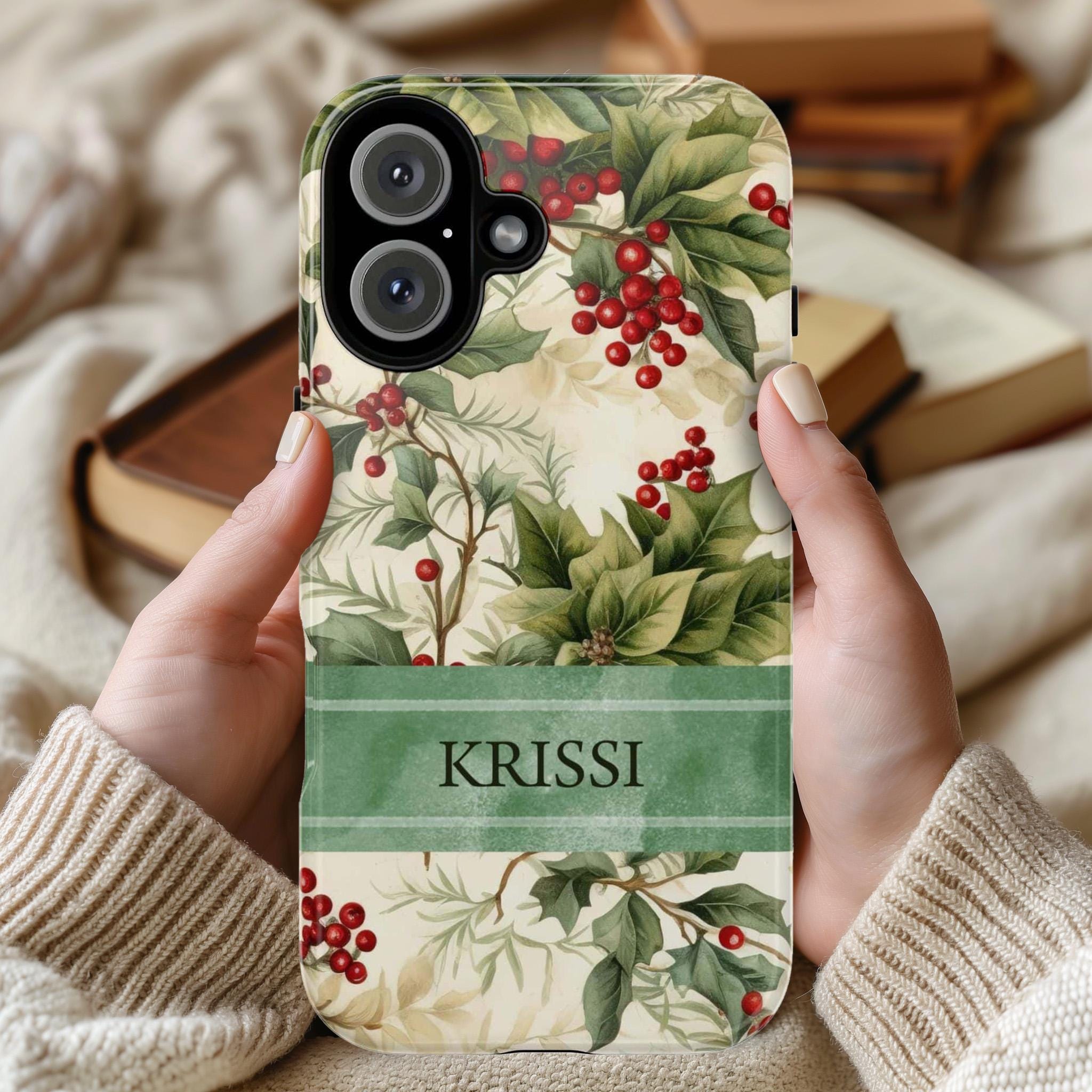 Personalized Xmas Phone Case Holiday Holly Phone Case, Custom Winter Phone Cover for iPhone 16 15 14 13  Pro Max Plus/Samsung S25, 107.2