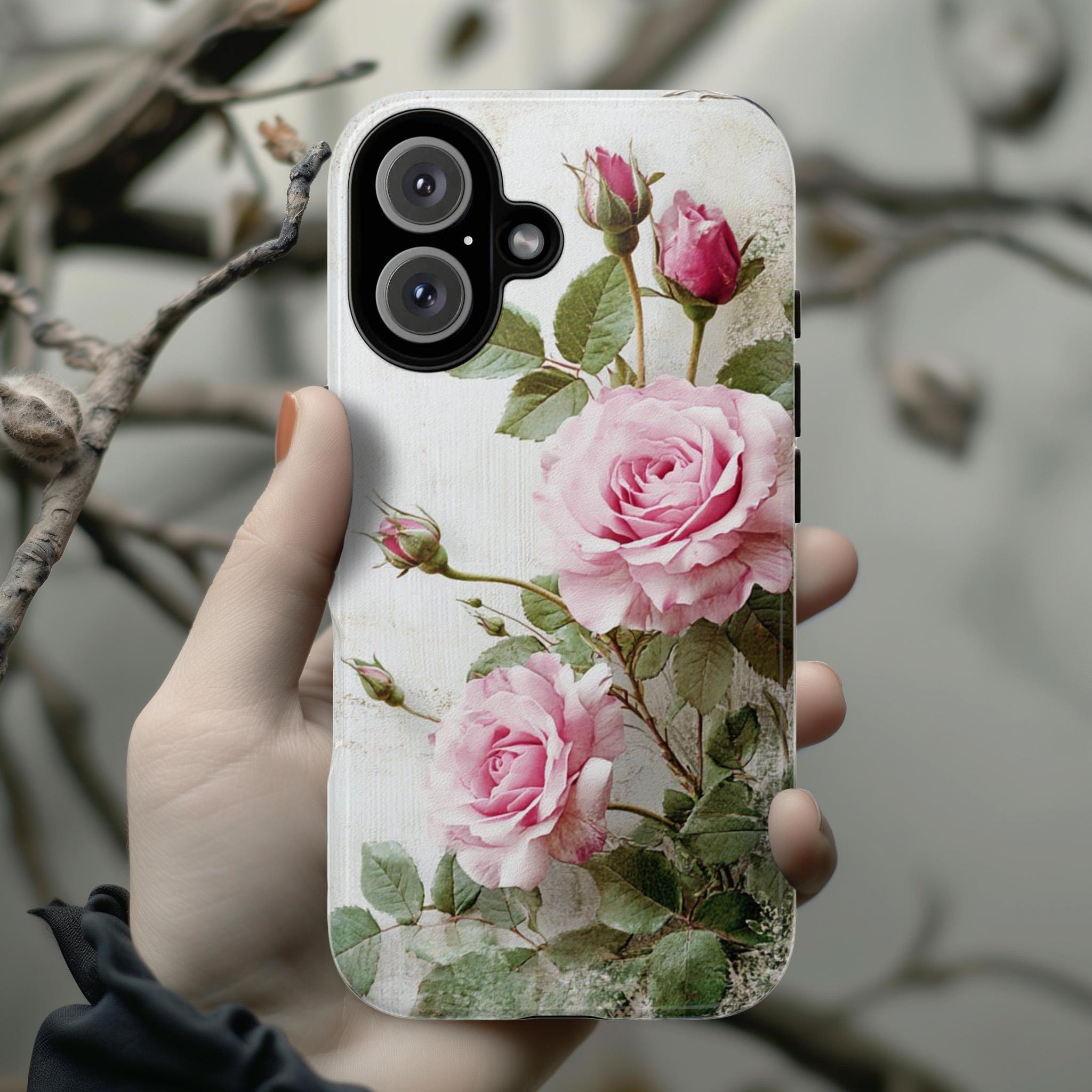 Vintage Style Phone Case with 3D effect Pink Roses, Romantic & Elegant Floral Soft Cover for iPhone Tough or Magsafe, Samsung, 476.7