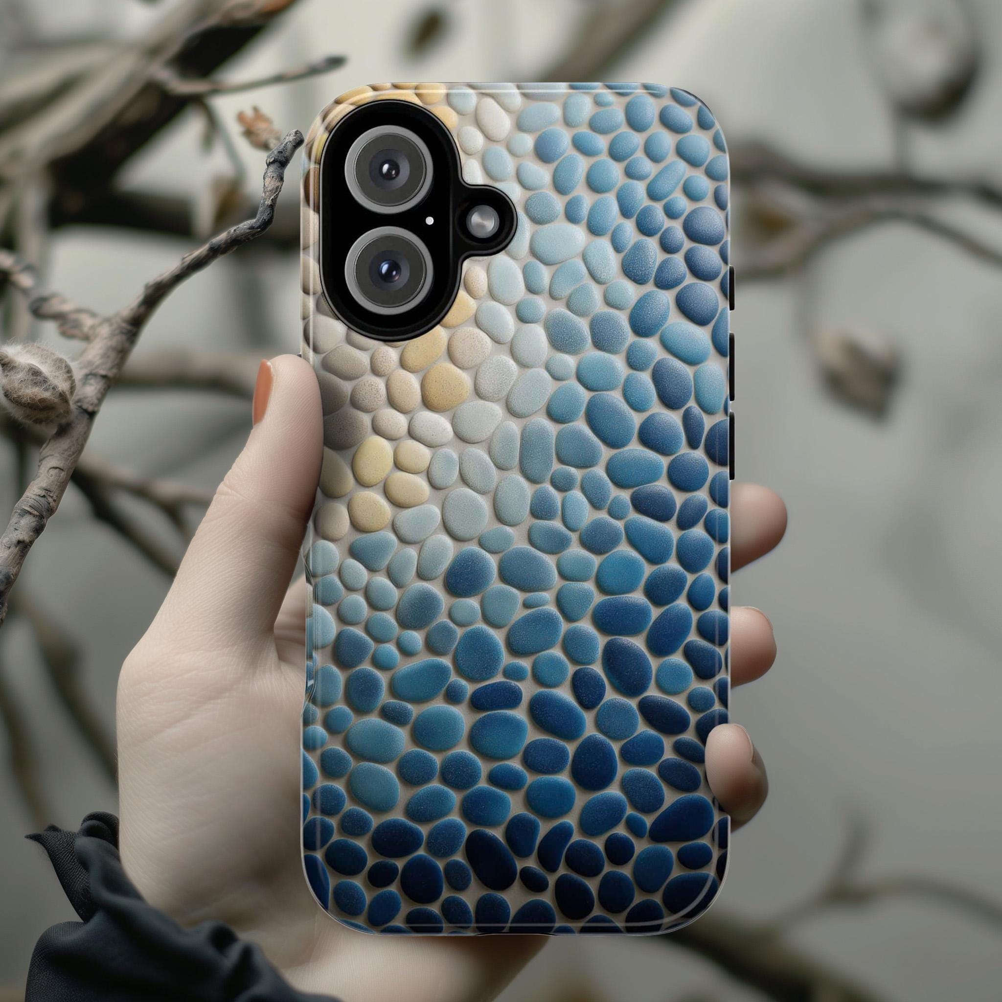 3D Textured Ocean Pebble Phone Case, Coastal Nature Cover, Natural Stones Case for iPhone 16 15 14 13 Tough or Magsafe, Samsung, 466.9