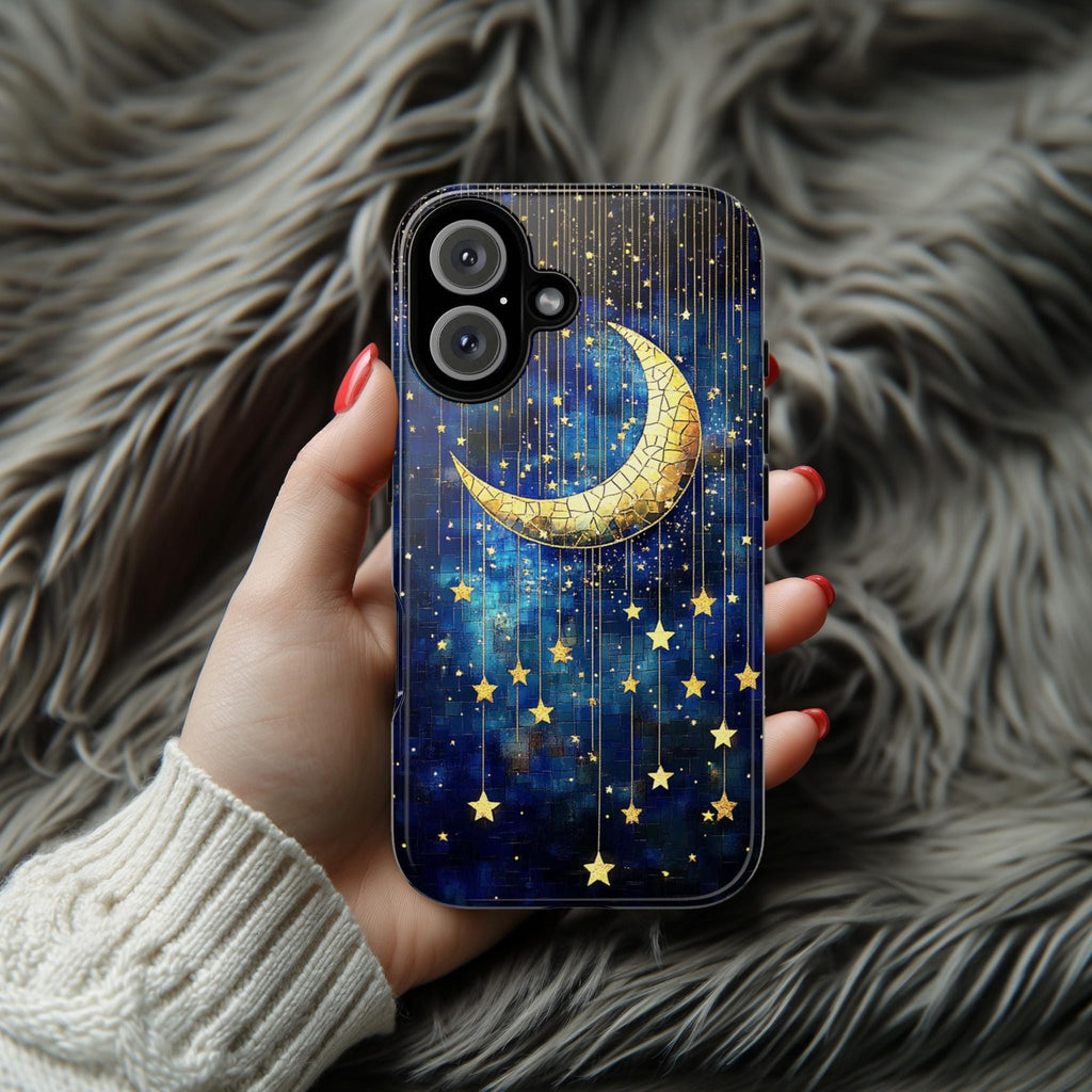Satined Glass Golden Stars & Moon Phone Case, Night Galaxy Mosaic Design Phone Cover for iPhone 16 15 14 13 Magsafe, Samsung S25, 432.7
