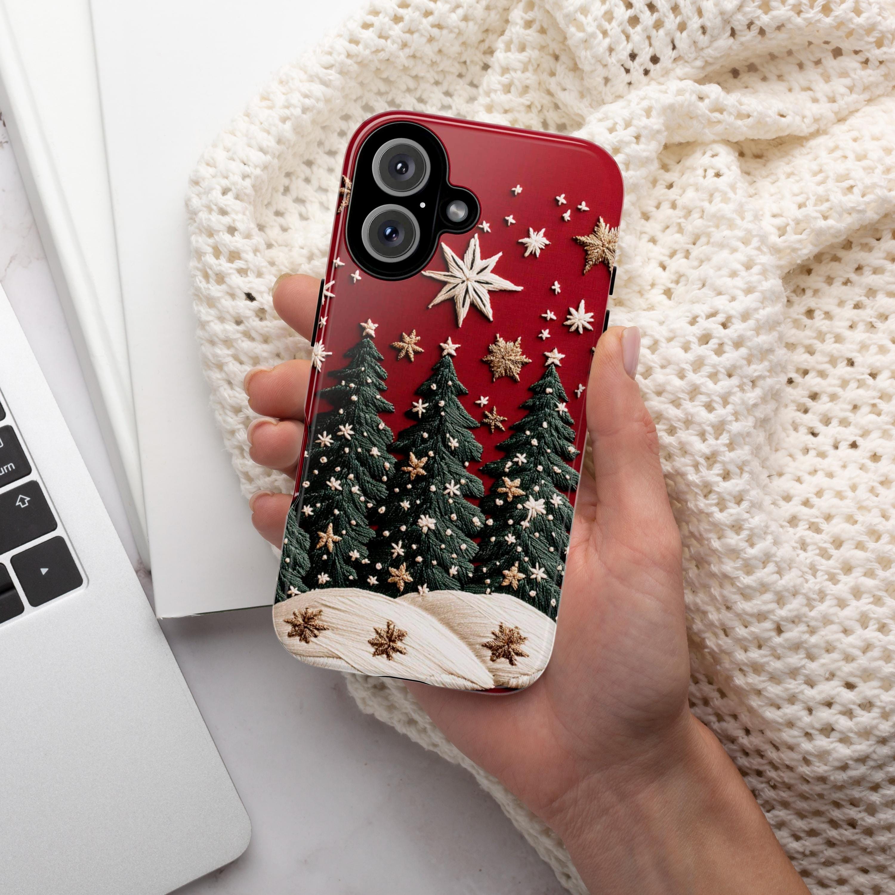 Christmas Tree and Star 3D Embroidered effect Winter Phone Case, Festive Holiday Design,  for iPhone 16 15 14 13 Magsafe, Samsung S25, 444.2