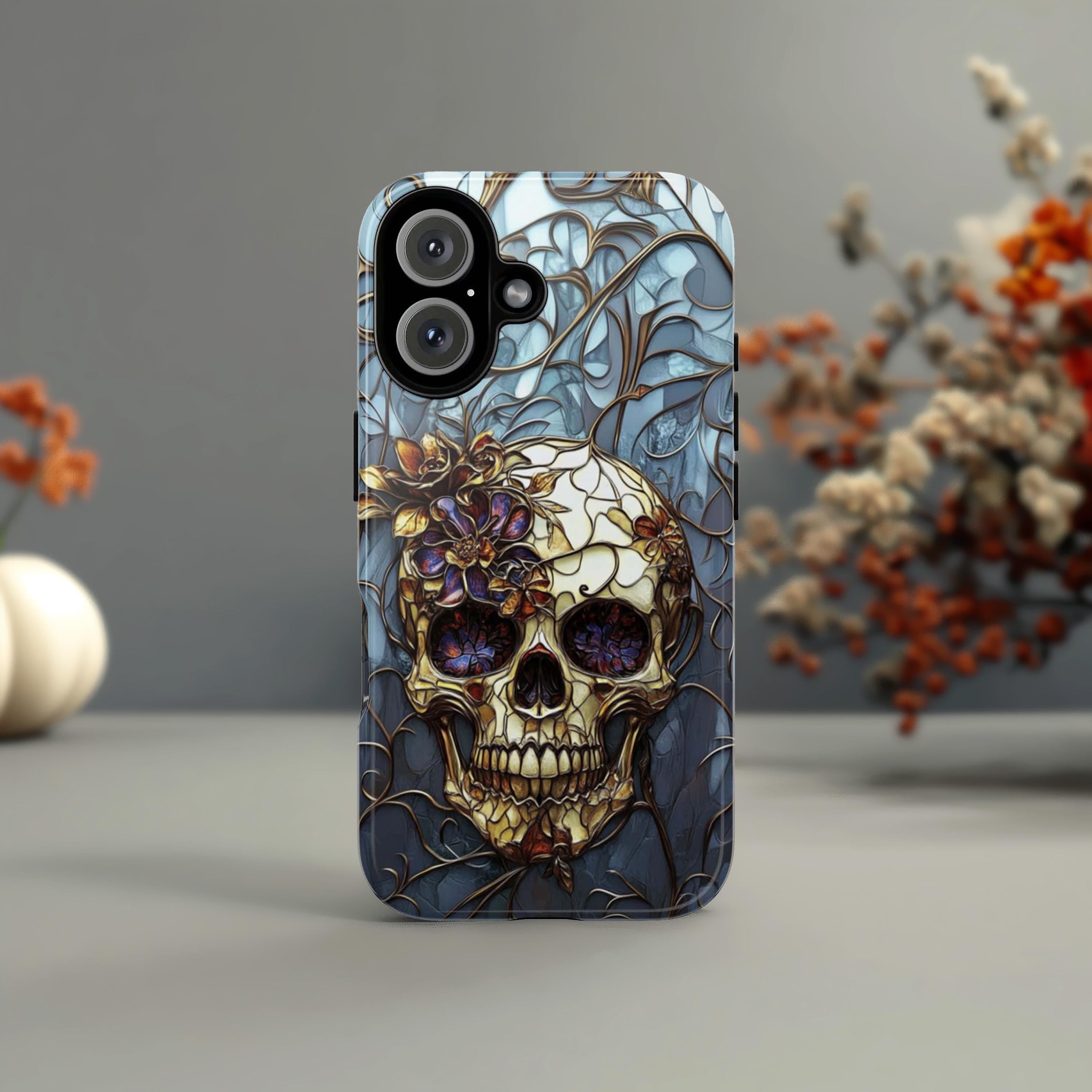 Stained Glass Dark Gothic Skull & Floral Phone Case, Dark Fantasy Art Design Phone Case for iPhone 16, Samsung S25, Pixel 9, 465.4