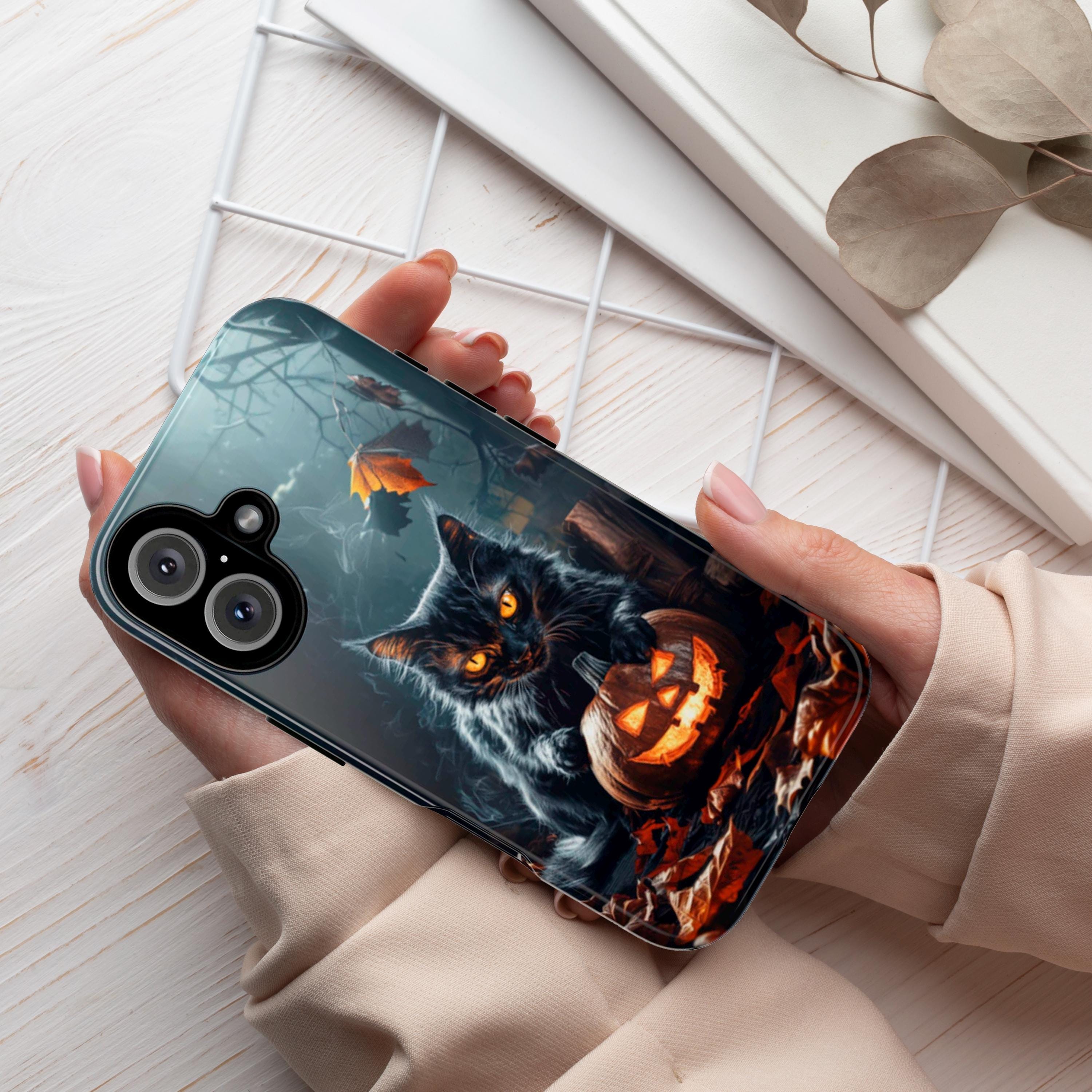 Black Cat and Pumpkin in Dark Night Phone Case, Halloween Lover Gift for iPhone 16 Pro Max 15 14 13 Plus, Samsung S25 ultra, 425.1