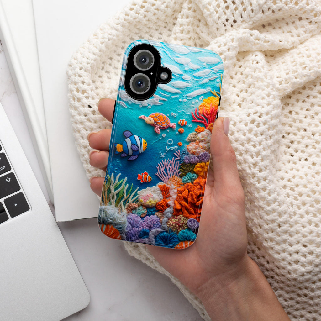 3D Felt Turtle Clownfish Coral Reef Ocean Phone Case, Marine Life Lovers Phone Case for iPhone 16 15 14 13 Magsafe, Samsung S25, 452.7