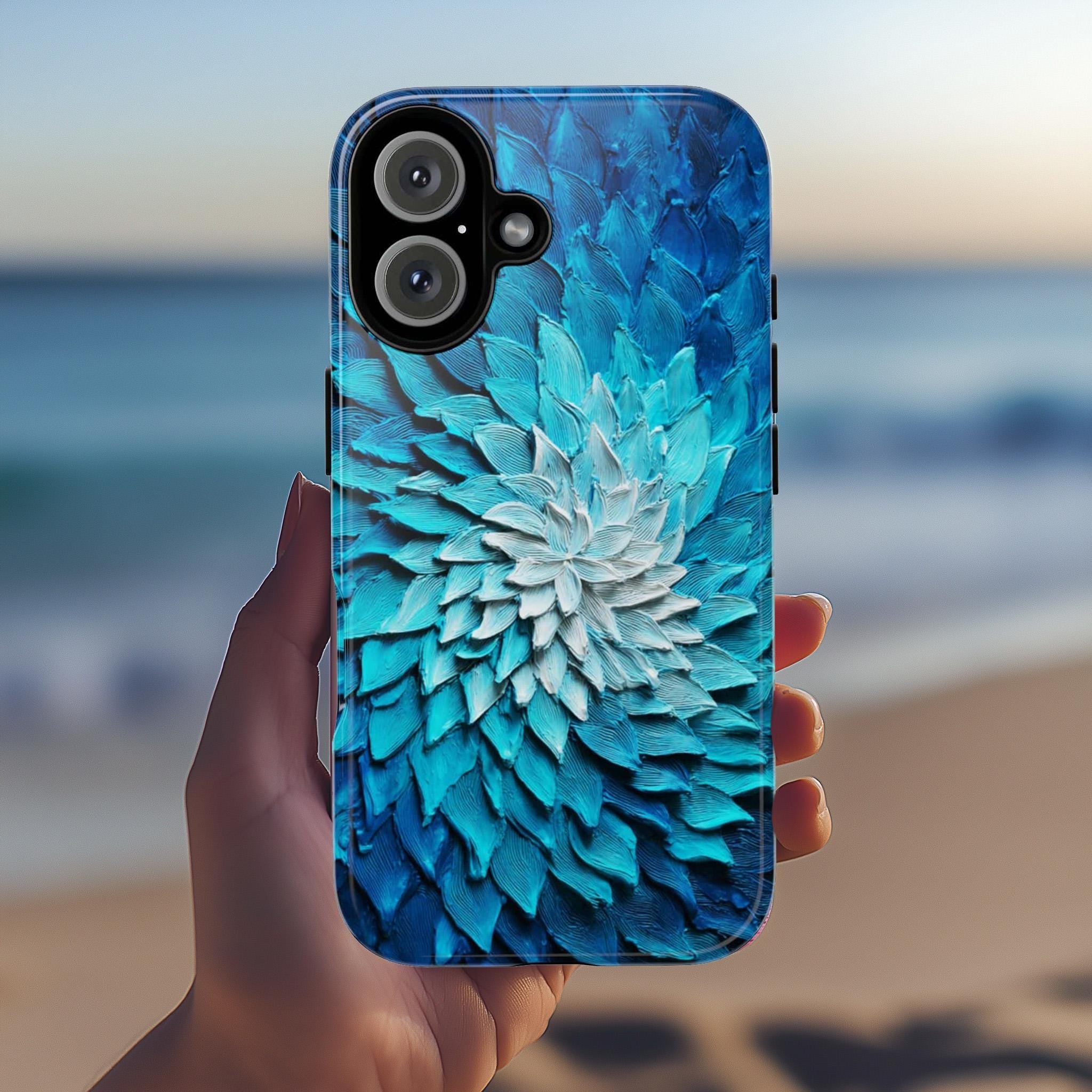 Ocean Blue Dahlia Phone Case, 3D Painted Floral Effect, Artistic Design for iPhone 16 15 14 13 Tough or Magsafe, Samsung, 476.15