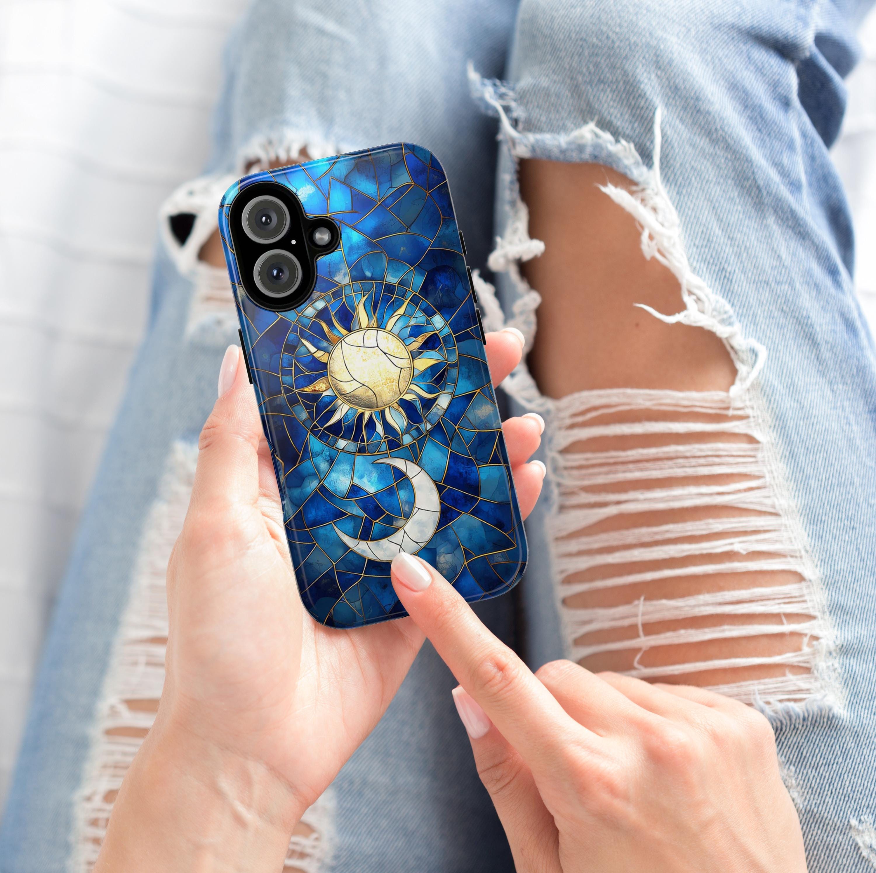 Celestial Moon & Sun Stained Glass Phone Case | Aesthetic Mystic Design for iPhone 16 Pro Max 15 14 13 Plus Mag Safe, Samsung S24 Ultra S23