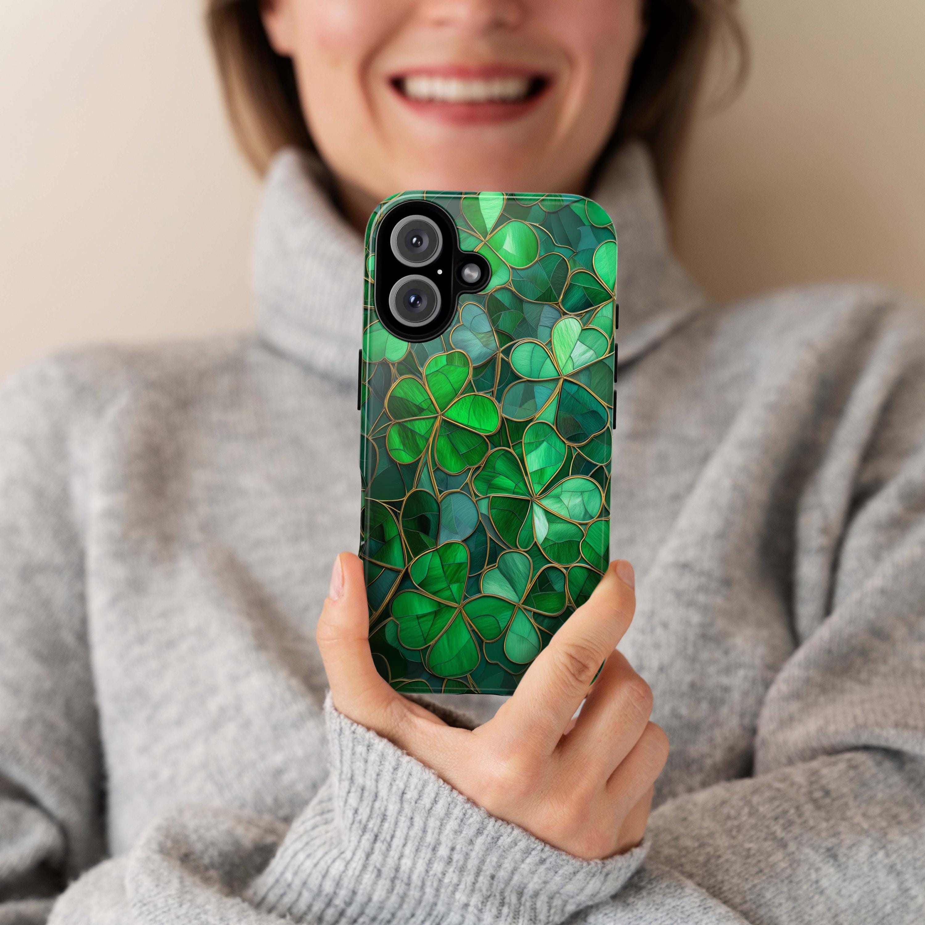 Stained Glass Shamrocks Phone Case, St Patrick's Day Irish Holiday Phone Cover for iPhone 16 15 14 13 Pro Magsafe Samsung Galaxy S24, 457,6