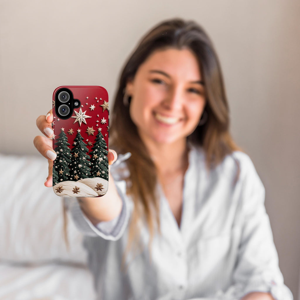 Christmas Tree and Star 3D Embroidered effect Winter Phone Case, Festive Holiday Design,  for iPhone 16 15 14 13 Magsafe, Samsung S25, 444.2