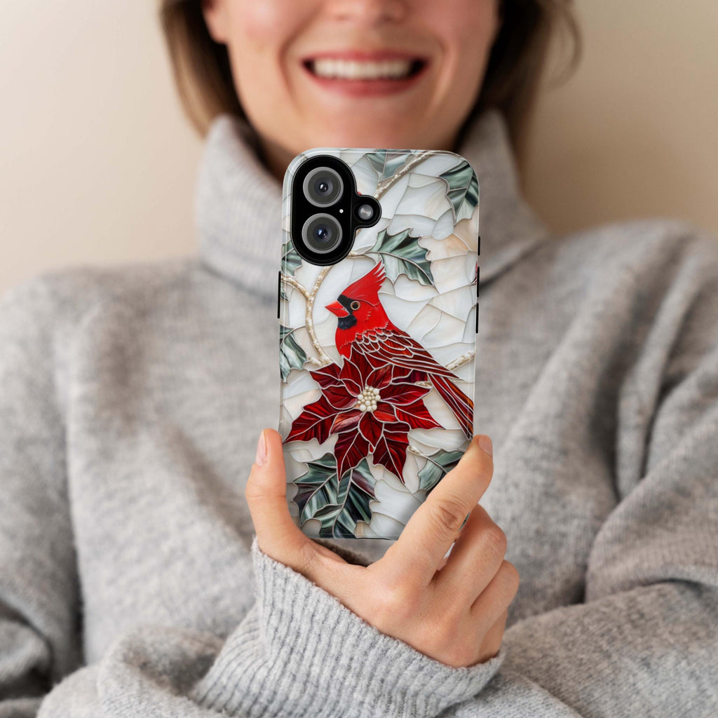 Cardinal & Poinsettia Stained Glass Winter Phone Case,  Red Bird and Floral Design MagSafe for iPhone 16 15 14 13, Samsung S24, 420.8