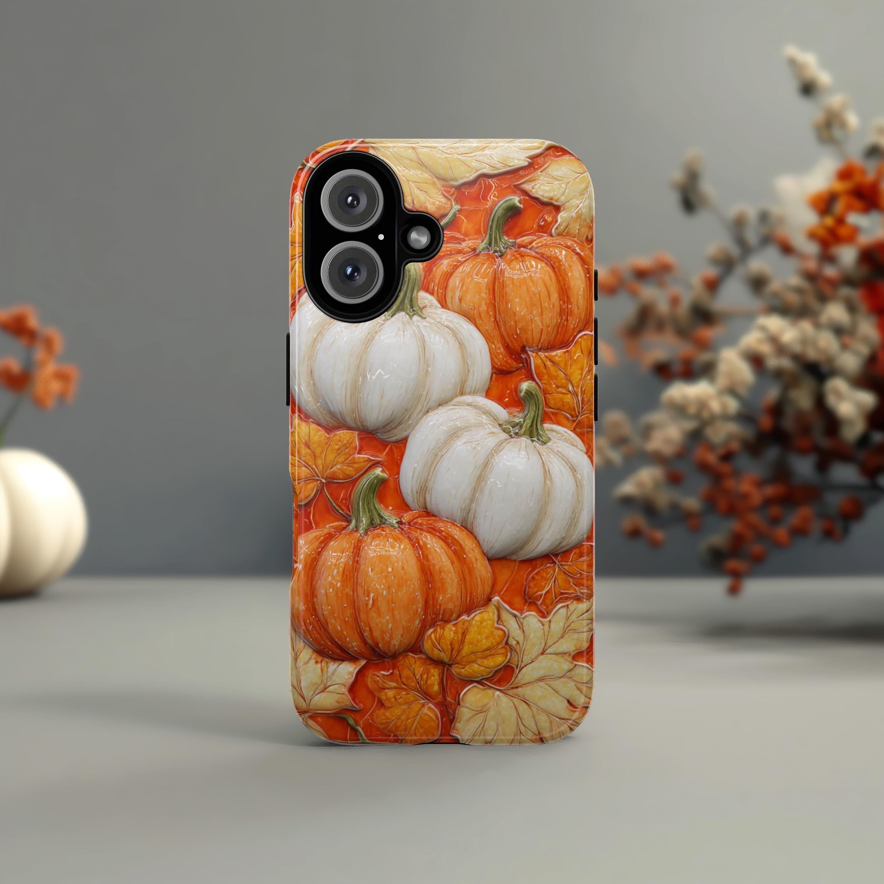 3D Autumn Pumpkin Phone Case, Orange Fall Lovers Phone Case, Festive Seasonal Cover for iPhone 16 15 14 Tough or Magsafe, Samsung, 475.17