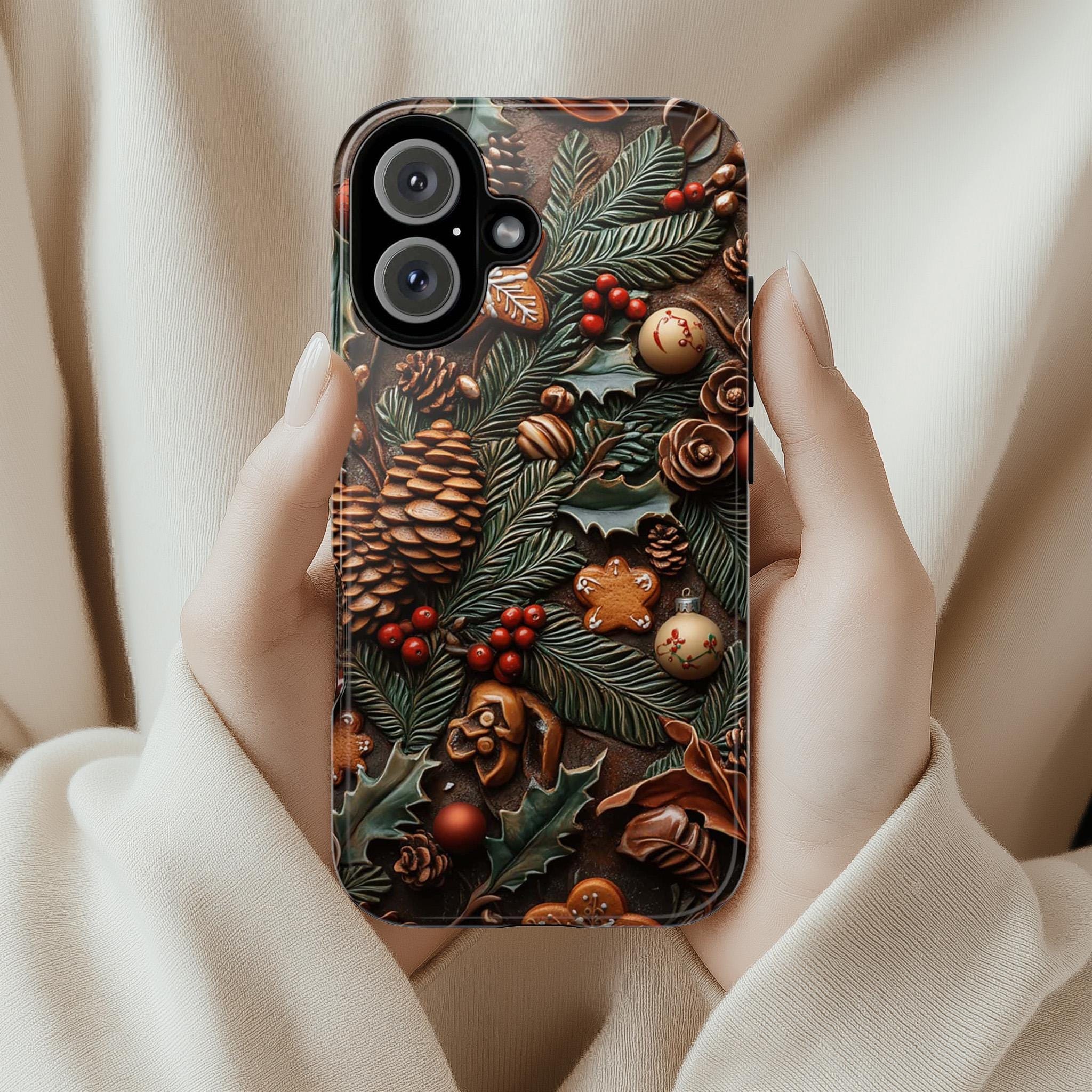 Pine Cone 3D Christmas Phone Case, Holiday Pine and Berry Design MagSafe for iPhone 16 15 14 13 Pro Max Plus, Samsung S25, Pixel 9, 433.3