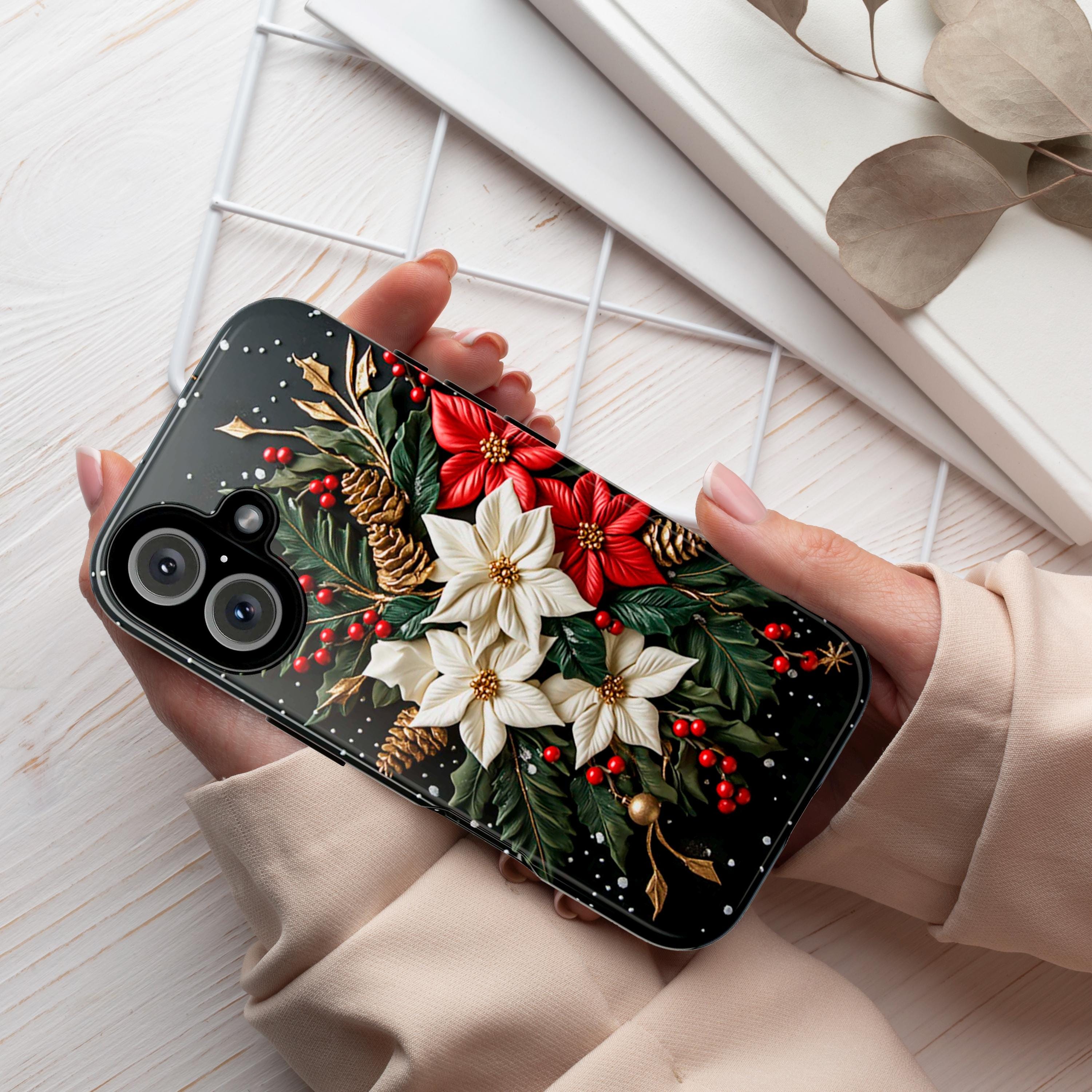 Poinsettia Floral Christmas Phone Case | Festive Red & White Floral 3D effect MagSafe for iPhone 16 15 14 13 Pro Max, Samsung S25, 433.11