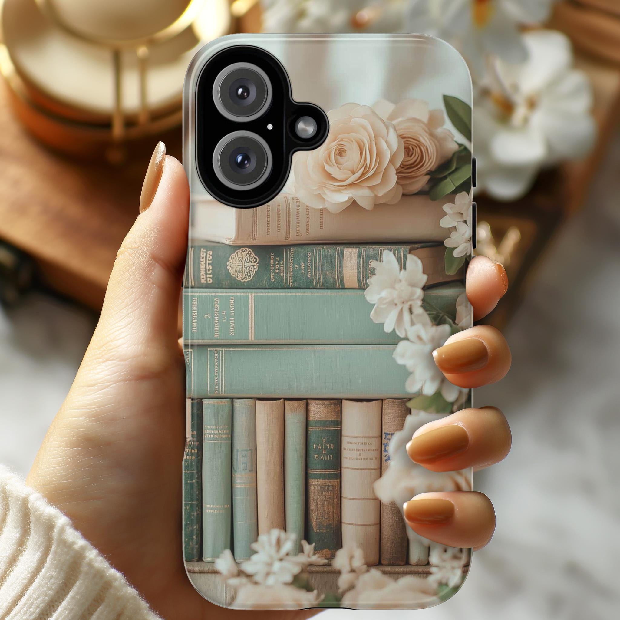 Vintage Bookshelf Floral Phone Case, 3D Rose and Pastel Books Design for iPhone Magsafe 16, 15, 14, 13 & Samsung, Pixel 9, 423.14