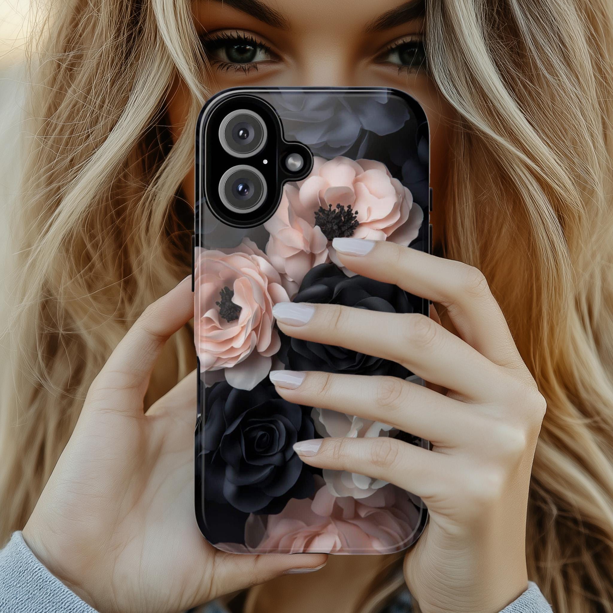 Elegant Pink and Black Roses Phone Case | Dark Gothic Floral Case, Romantic Vintage Cover for iPhone 16 15 Tough or Magsafe, Samsung, 428.20