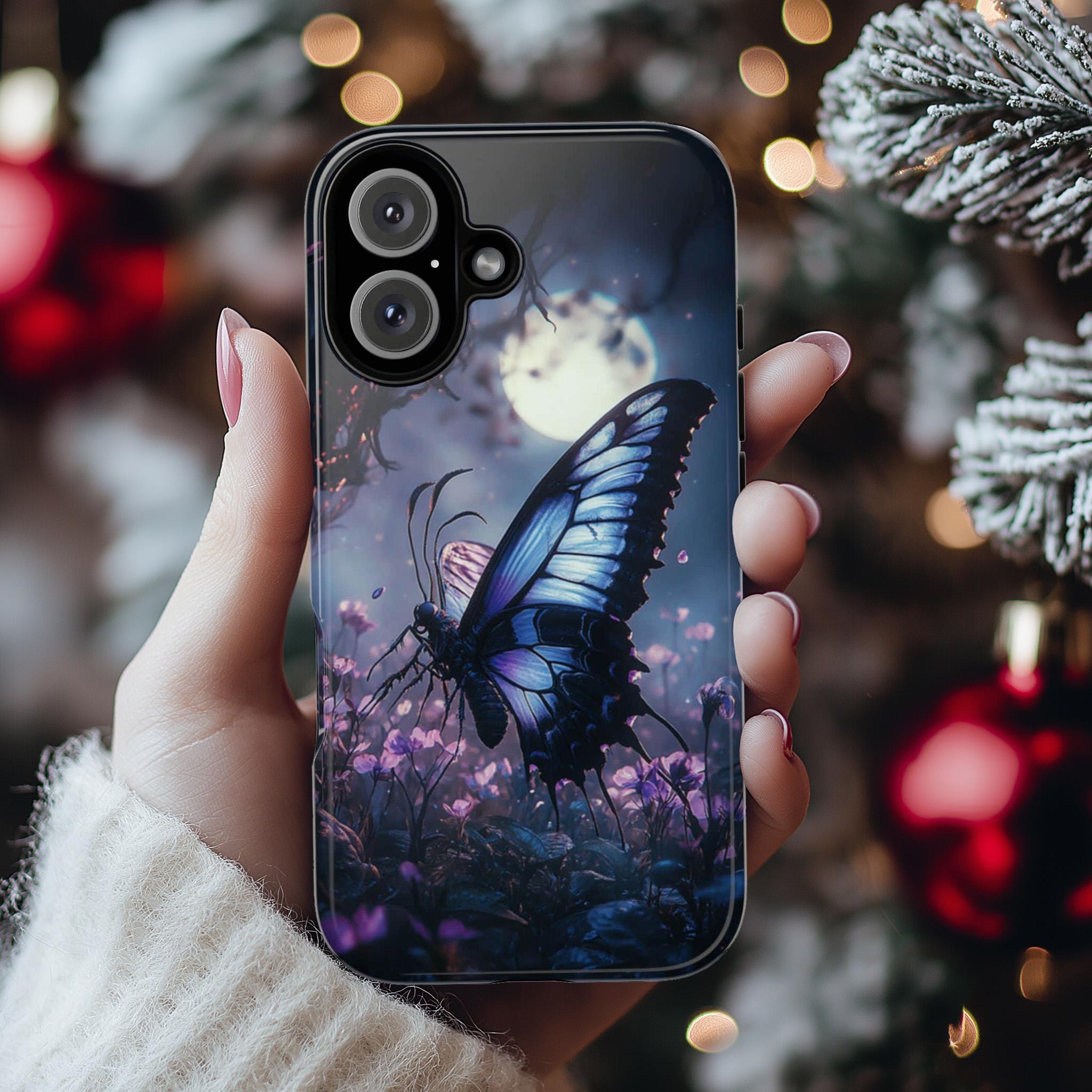Gothic Butterfly Phone Case, Pink Flowers & Moon Design, Dark Fantasy Mystic Art Phone Cover for iPhone 16, Samsung S25, Pixel 9, 463.8
