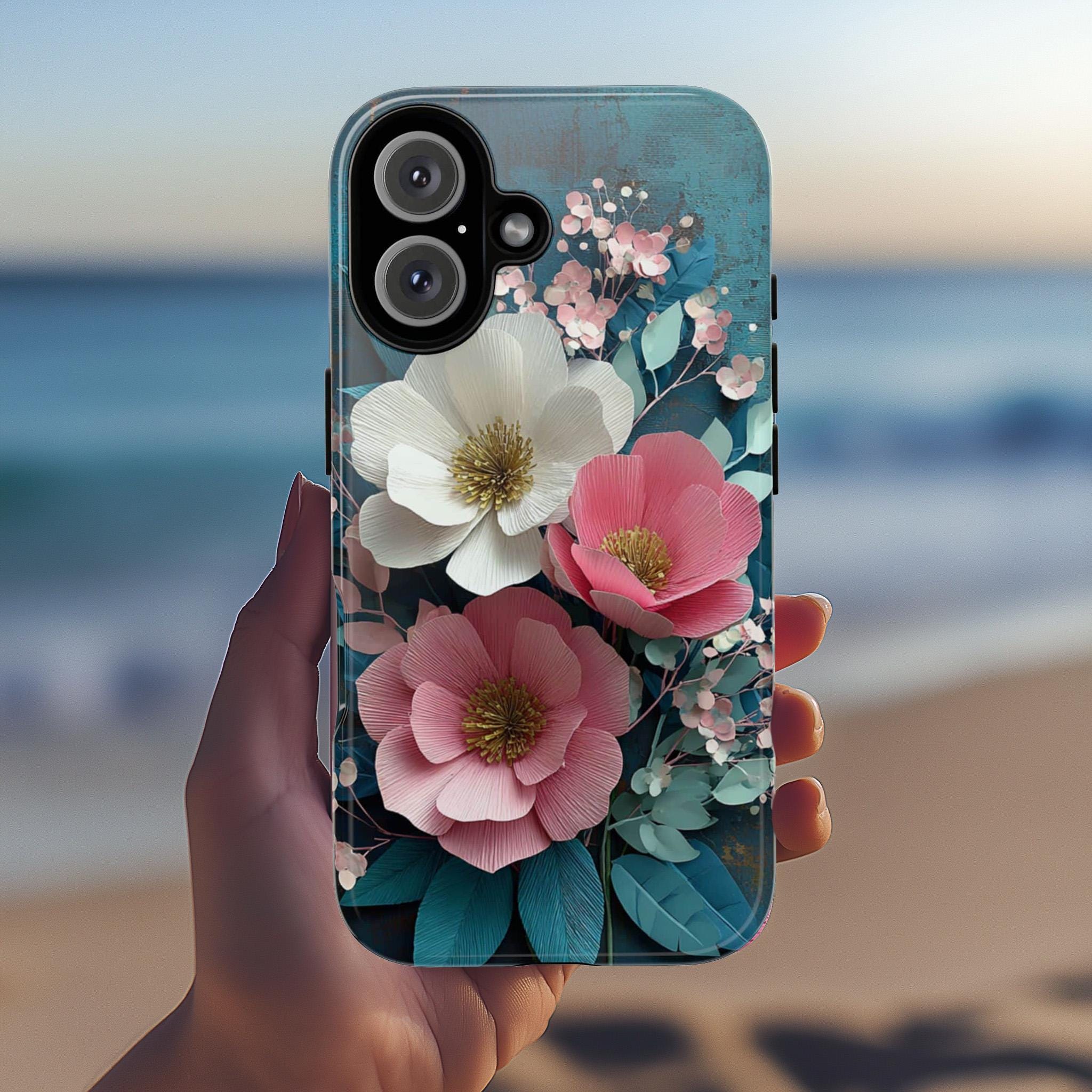 Rustic Paper Art Floral Phone Case with White & Pink Flowers, 3D Botanical Design for iPhone 16 15 14 13 Tough or Magsafe, Samsung, 470.16