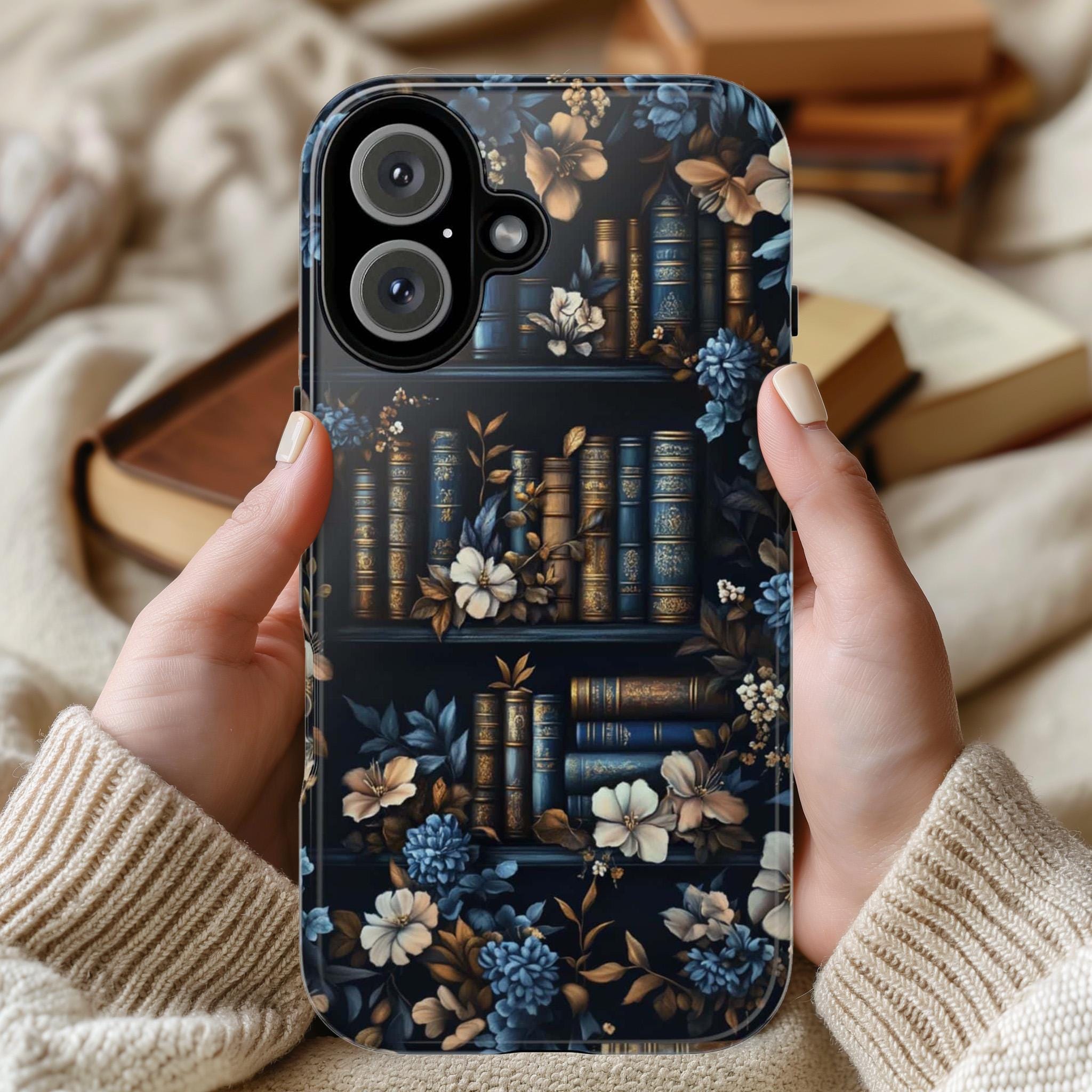 Vintage Library Floral Phone Case, Book and Blue Flowers Design, Bookworm Phone Case for iPhone 16 15 14 13 Magsafe, Samsung S25, 423.23