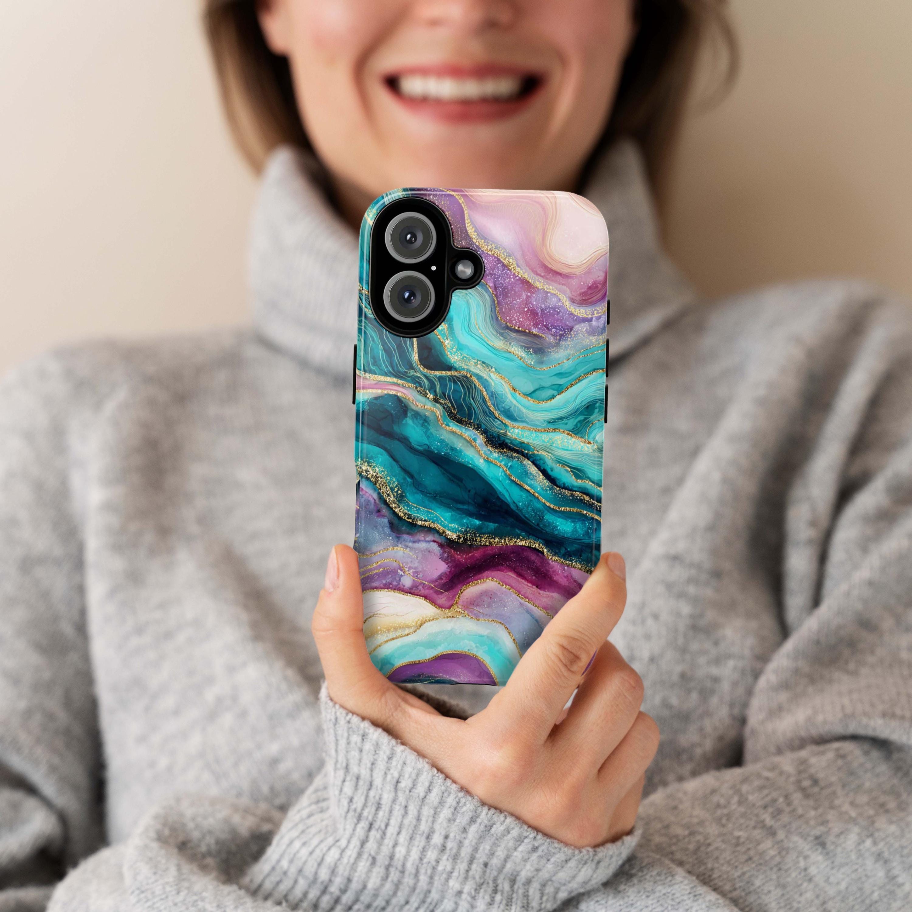 Pink Teal Bold Marble with Gold effect Phone Case, Stylish Protective Cover for iPhone and Android, Chic Modern Aesthetic Accessory, 479.2