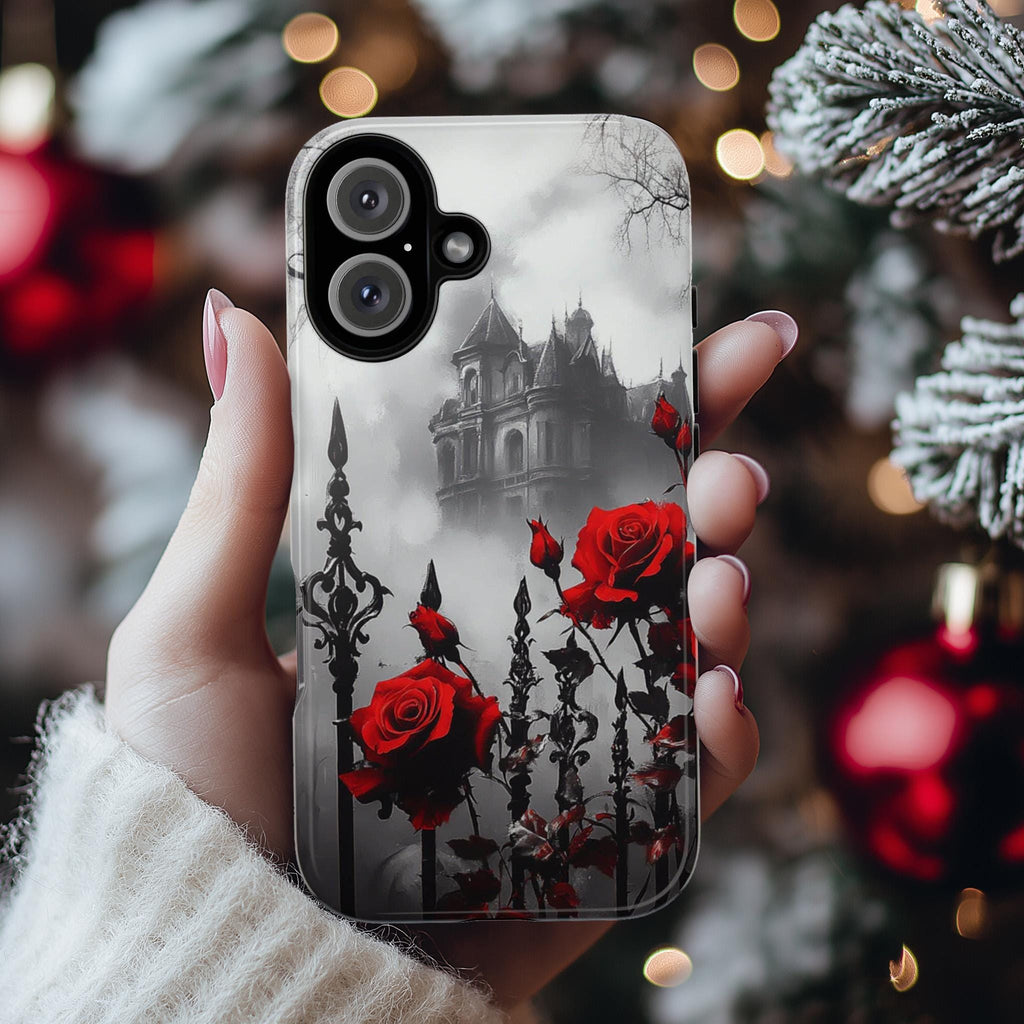 Gothic Castle & Red Roses Floral Fantasy Art, Dark Aesthetic Design, Elegant Gothic Accessory for iPhone 16, Samsung S25, Pixel 9, 463.4