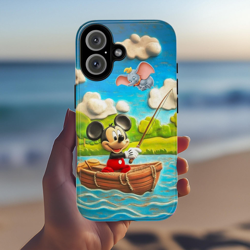 Mickey Mouse & Dumbo Fishing Phone Case, Cute Disney Cartoon Boat Scene Phone Cover for iPhone 16, 15, 14 Tough or Magsafe, Samsung, 442.49