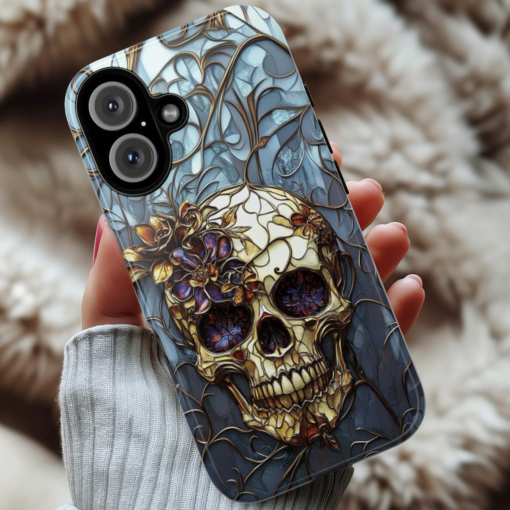 Stained Glass Dark Gothic Skull & Floral Phone Case, Dark Fantasy Art Design Phone Case for iPhone 16, Samsung S25, Pixel 9, 465.4
