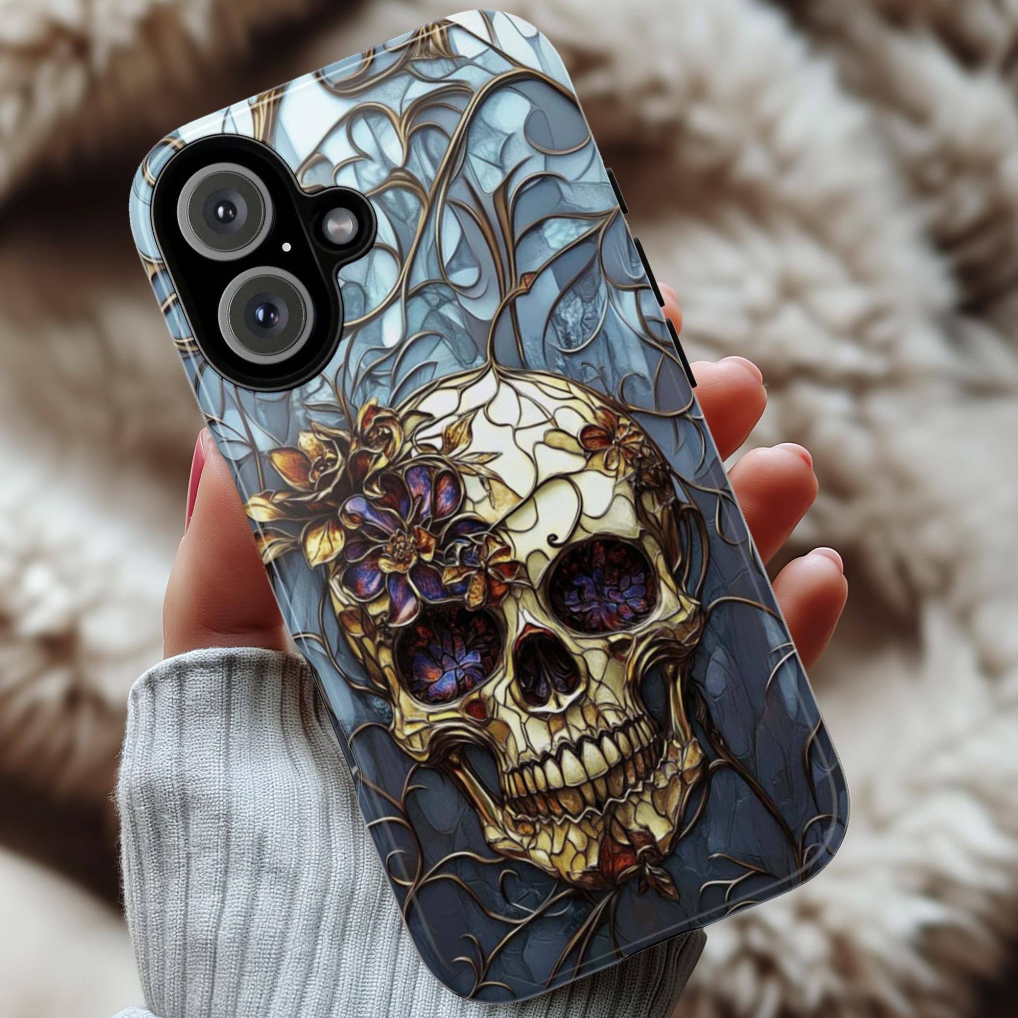 Stained Glass Dark Gothic Skull & Floral Phone Case, Dark Fantasy Art Design Phone Case for iPhone 16, Samsung S25, Pixel 9, 465.4