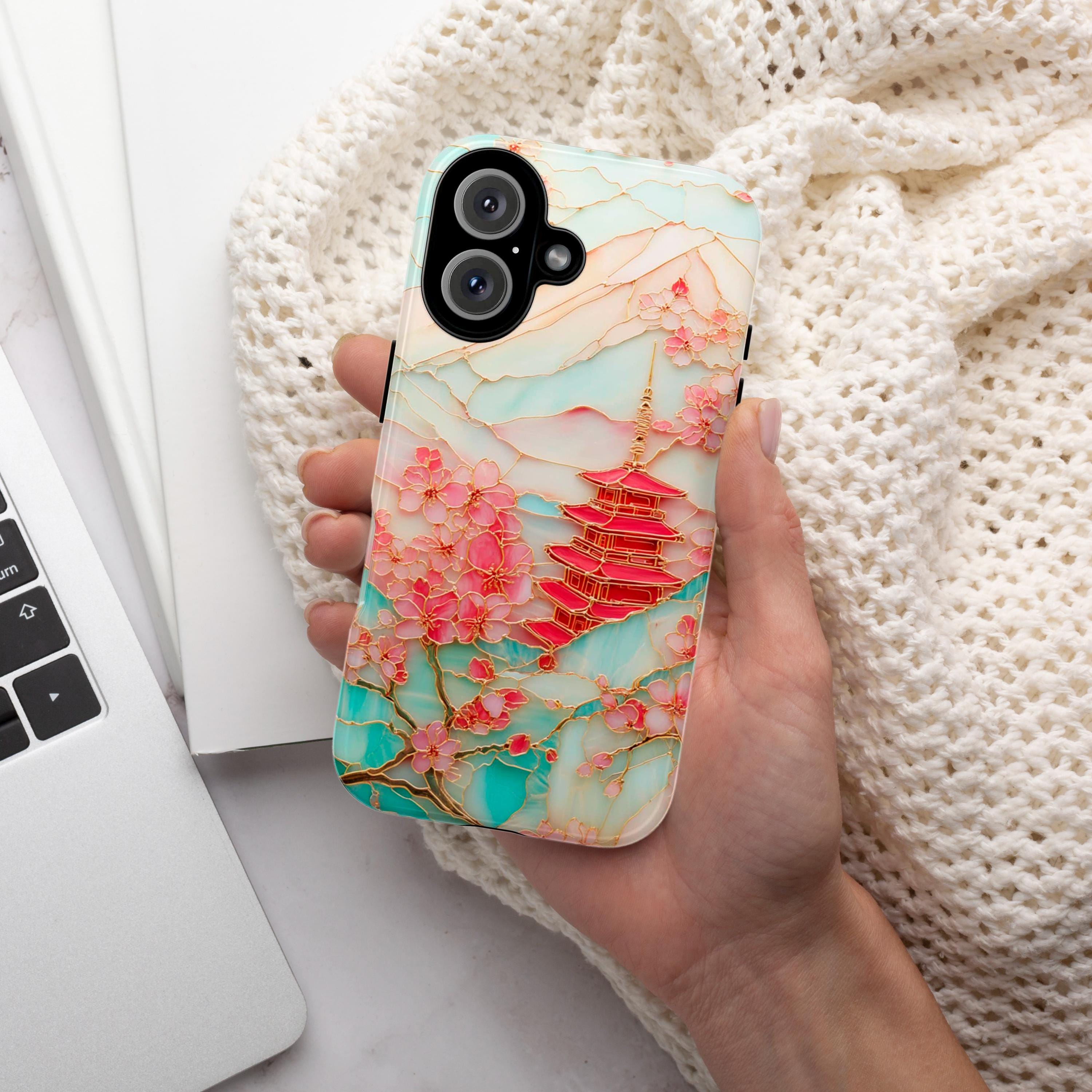 Cherry Blossom Phone Case, Mount Fuji & Pagoda Japanese Sakura Stained Glass Design for iPhone 16 15 Tough or Magsafe, Samsung S25, 469.11