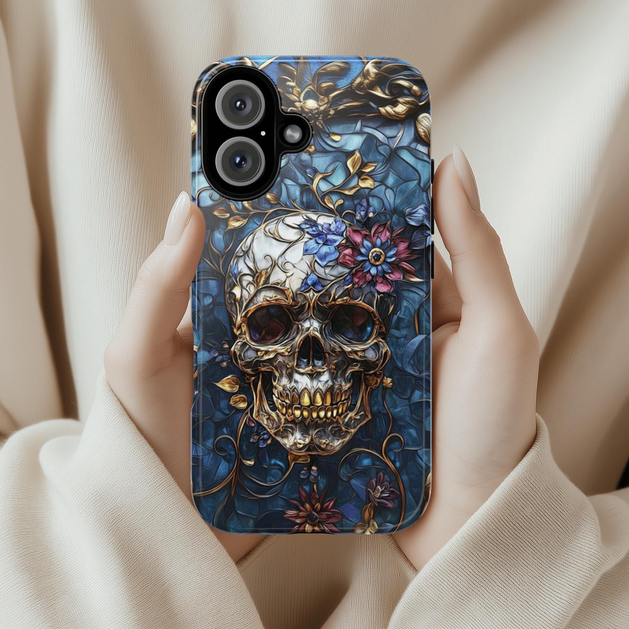 Stained Glass Dark Gothic Skull & Floral Phone Case, Dia de los Muertos Art Design Tough or Magsafe Phone Case for iPhone 16, Samsung, 465.5