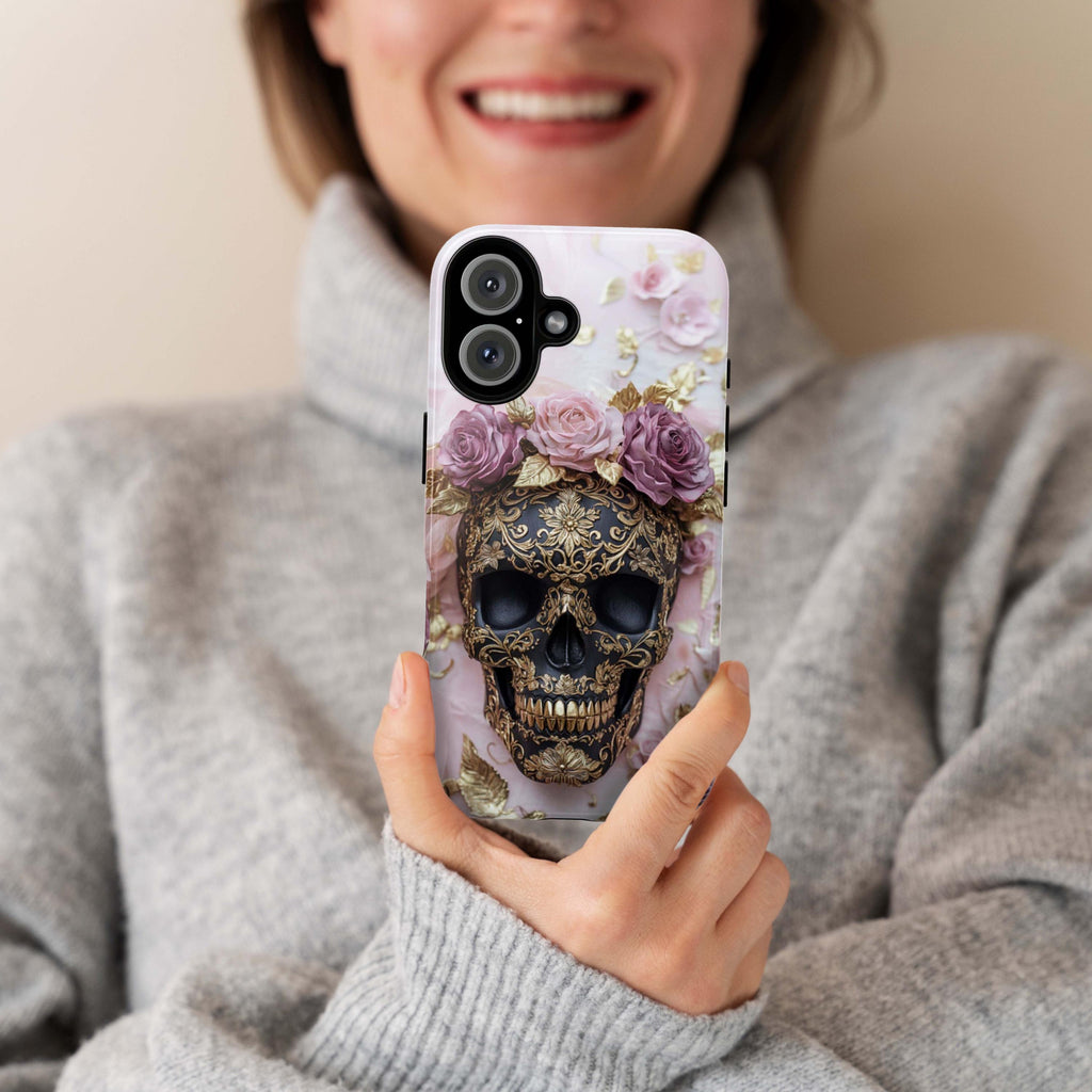Dark Gothic Skull & Floral Phone Case, Fantasy Art Design, Pink Roses Cover Tough or Magsafe Phone Case for iPhone 16, Samsung S25, 465.21
