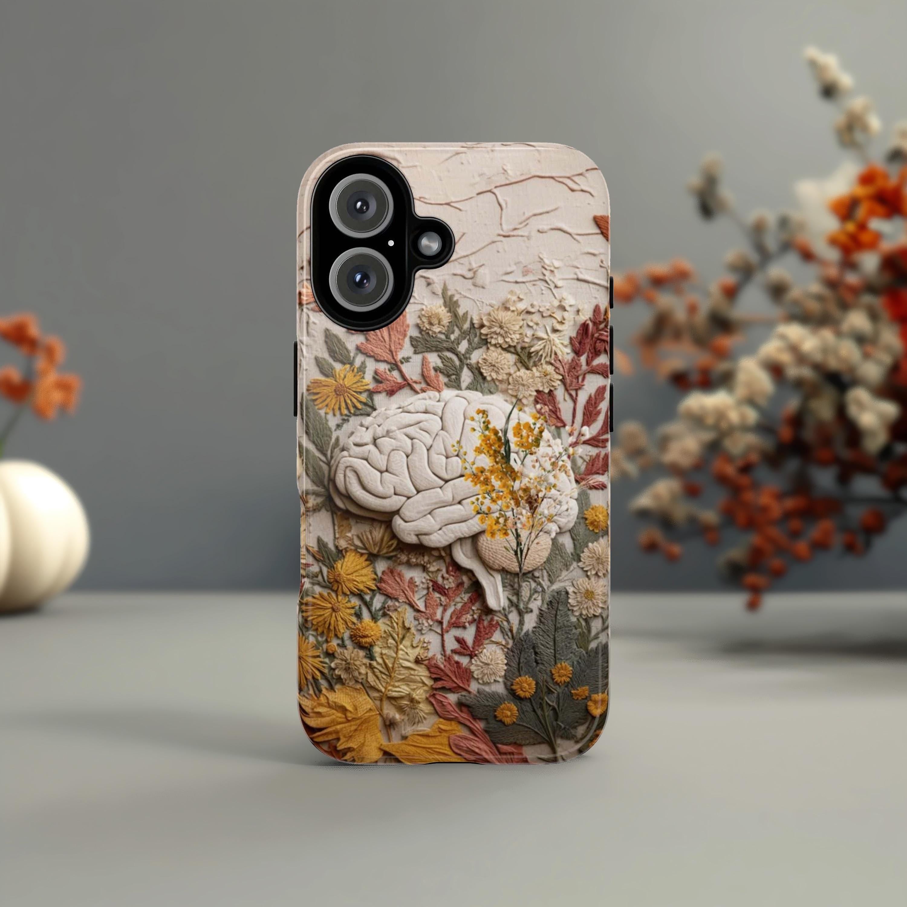 Fantasy Brain Floral Phone Case, Anatomical Brain & Autumn Flowers, Anatomy Art for iPhone 17 16 Tough or Magsafe, Samsung, 430.8