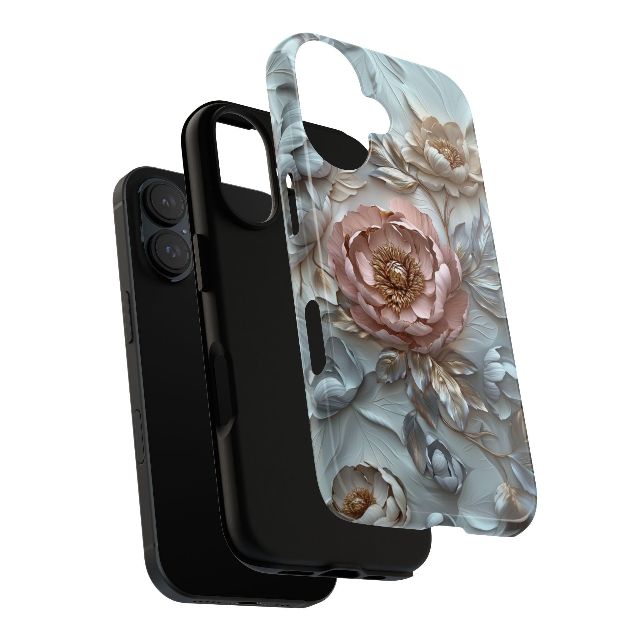 3D Pastel Peonies Flowers Phone Case, Boho Floral Artistic Protective Cover for iPhone 16, 15, 14, 13 Tough or Magsafe, Samsung, 439.36