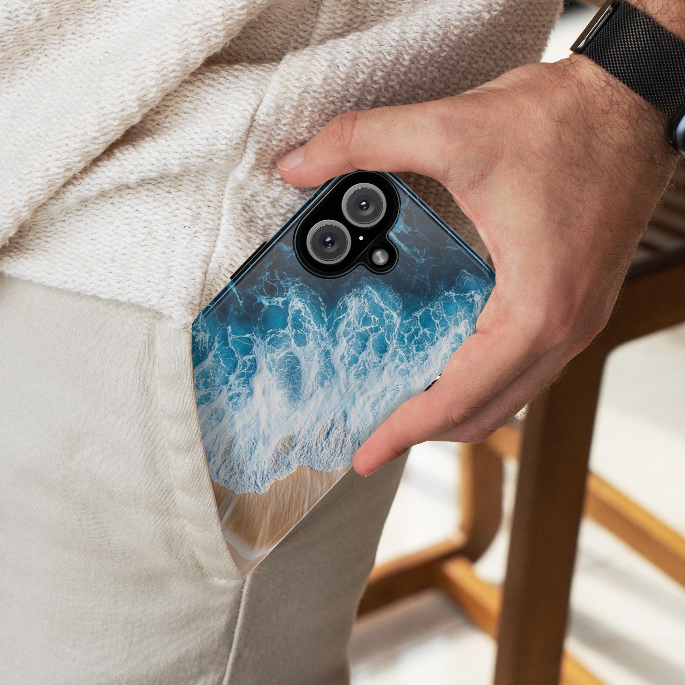 Ocean Wave & Beach Phone Case, Sea Foam and Sand Design, 3D Coastal Art Phone Case for iPhone 16 15 14 Magsafe, Samsung S25, 466.7