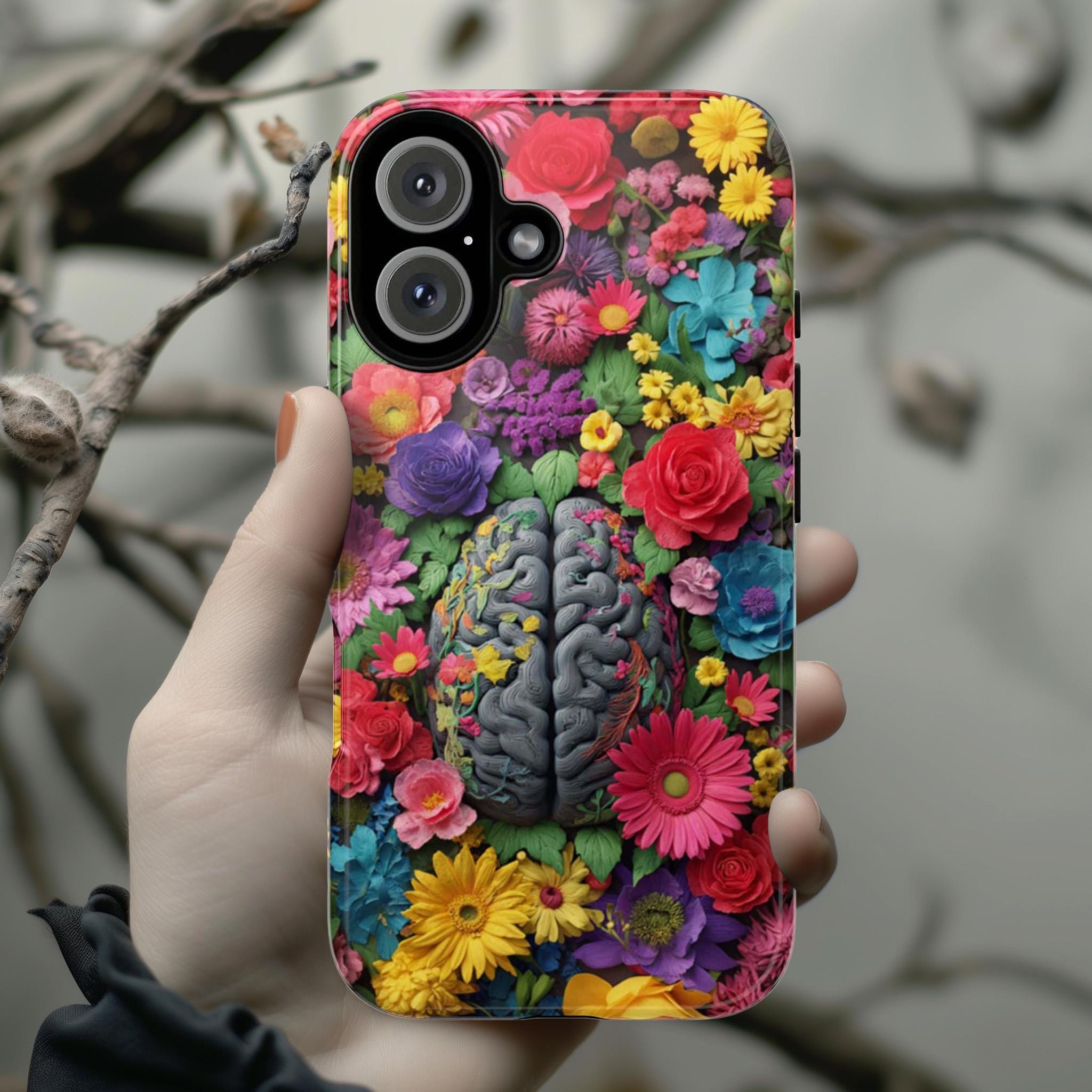Vibrant Human Brain Floral Phone Case, Botanical Design with Daisies & Roses, Medical Case for iPhone 17 16 Tough or Magsafe, Samsung, 430.4