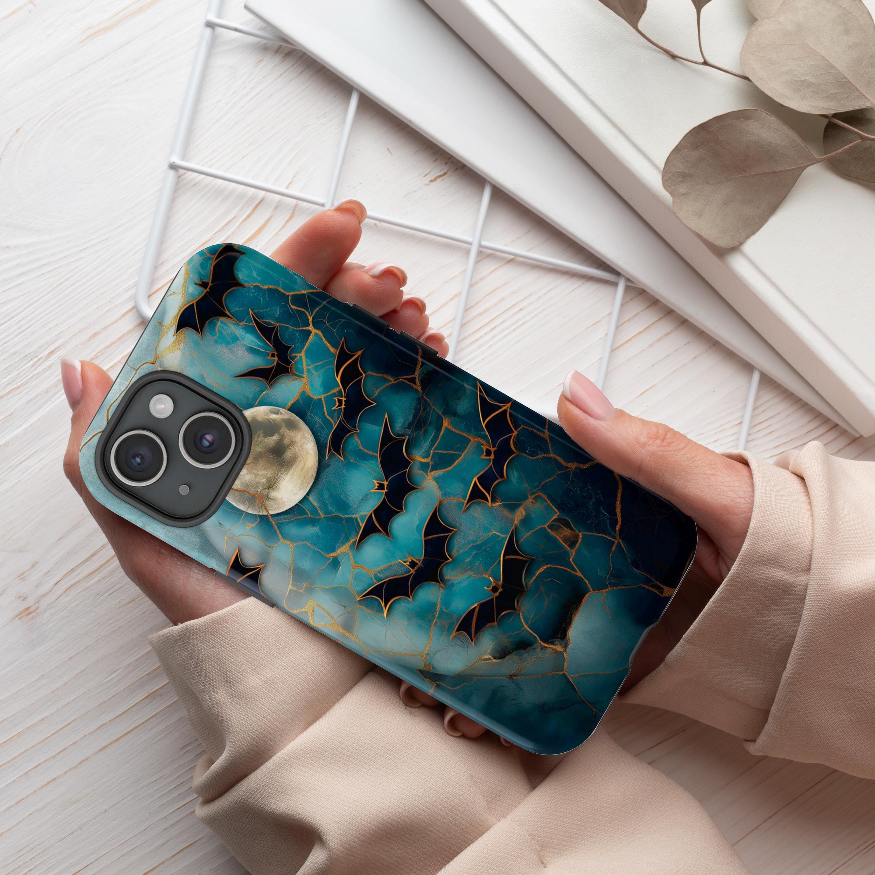 Halloween Lover Phone Case Celestial Bats Stained Glass Cover Spooky Moon Case for iPhone 16 15 14 13 12 Pixel Galaxy S 24 23 22 21 20