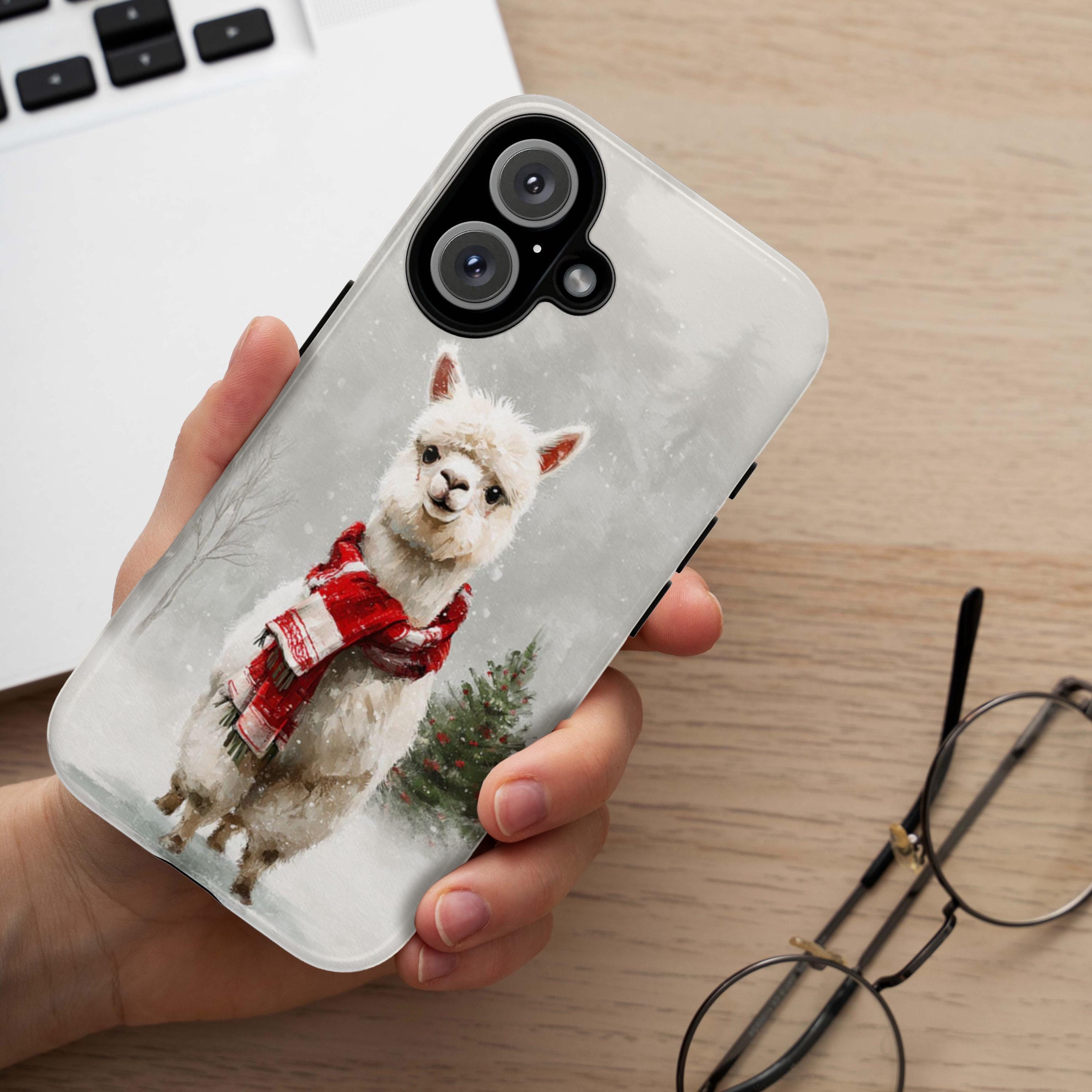 Cute Christmas Alpaca Phone Case with Snowy Winter Design, Funny  Animal Holiday Llama for iPhone 16 15 14 Tough or Magsafe, Samsung, 440.8