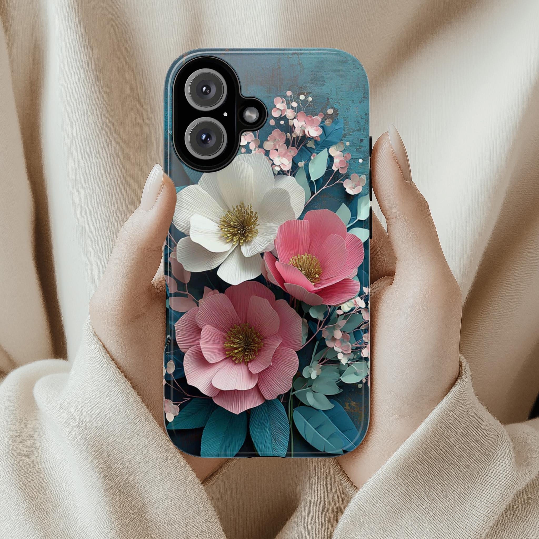 Rustic Paper Art Floral Phone Case with White & Pink Flowers, 3D Botanical Design for iPhone 16 15 14 13 Tough or Magsafe, Samsung, 470.16