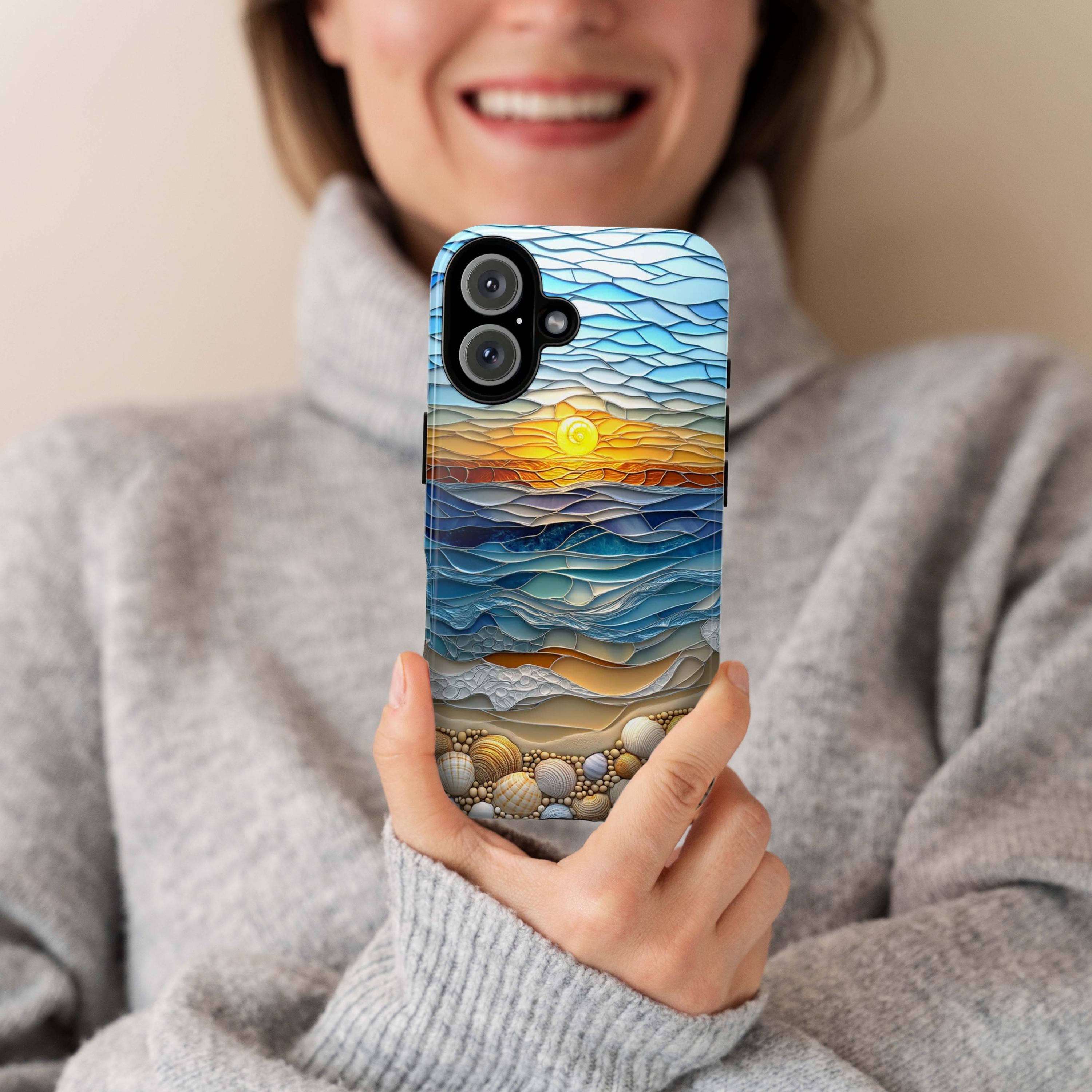 Stained Glass Summer Beach Sunset Phone Case, 3D Seashell Ocean Magsafe for iPhone 16 15 14 13 Pro Max Plus / Samsung S24 Pixel, 455.1