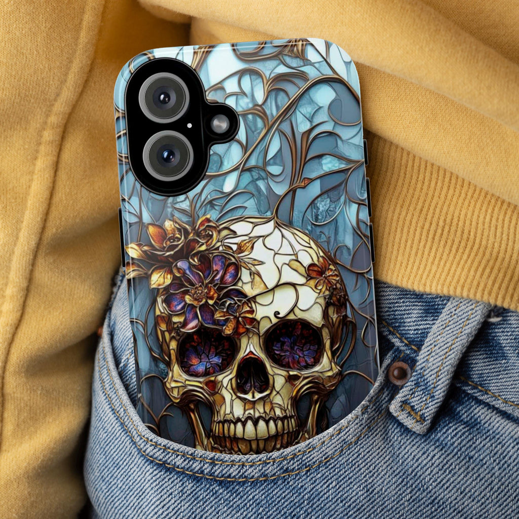 Stained Glass Dark Gothic Skull & Floral Phone Case, Dark Fantasy Art Design Phone Case for iPhone 16, Samsung S25, Pixel 9, 465.4
