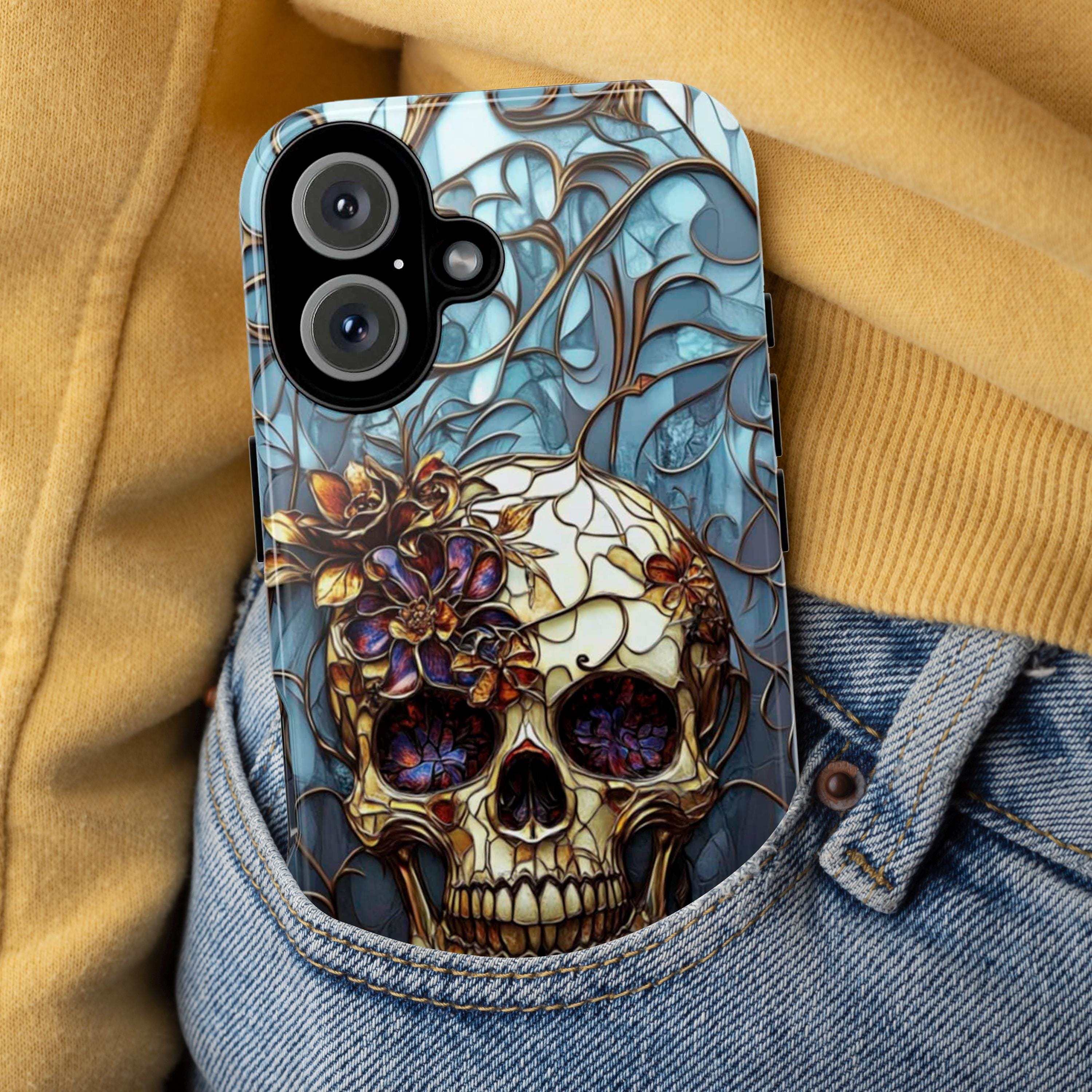 Stained Glass Dark Gothic Skull & Floral Phone Case, Dark Fantasy Art Design Phone Case for iPhone 16, Samsung S25, Pixel 9, 465.4