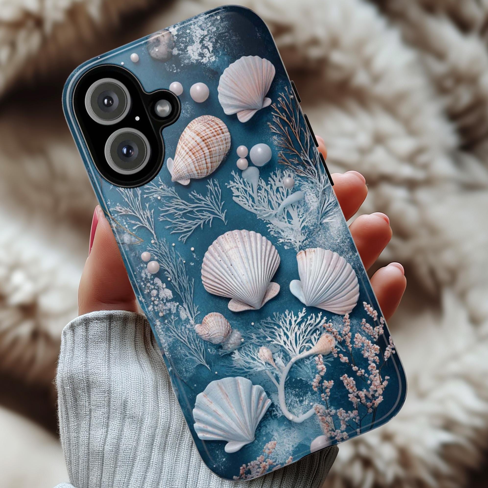 Ocean Shell Phone Case, 3D Stlye Blue Sea Design & Marine Plants, Seashells Underwater Texture Tough or Magsafe for iPhone, Galaxy, 455.17