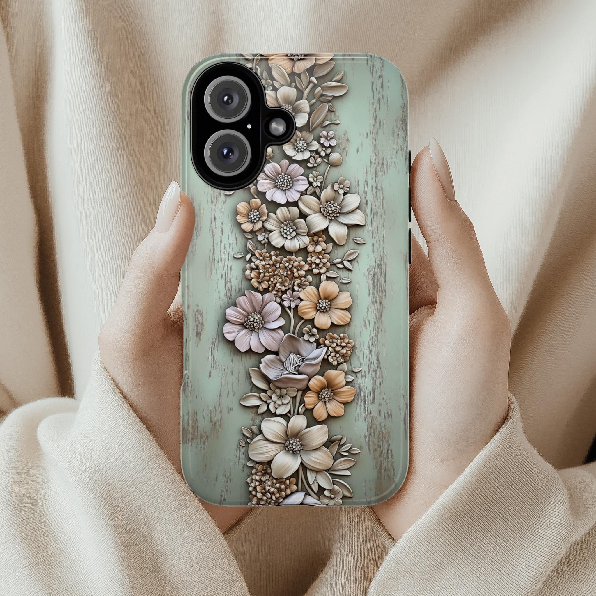 3D Rustic Beige Floral Phone Case, Pastel Artistic Wood Carved Look Design for iPhone 16 15 14 13 Tough or Magsafe, Samsung S24, 439.15