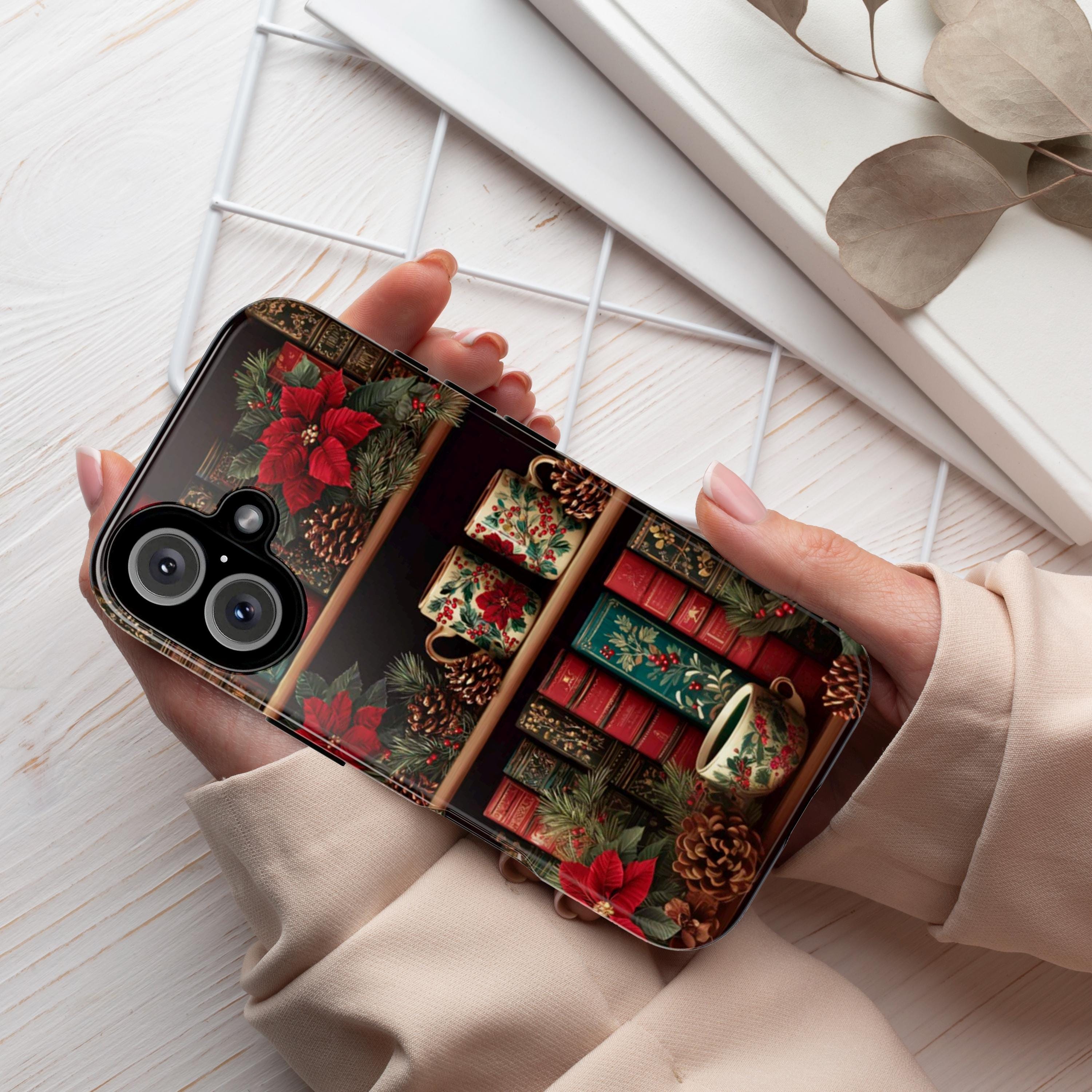 Christmas Bookshelf Phone Case, Holiday Mugs & Poinsettia Floral Cover for Tough or MagSafe for iPhone 17 16, Samsung S25, 423.34