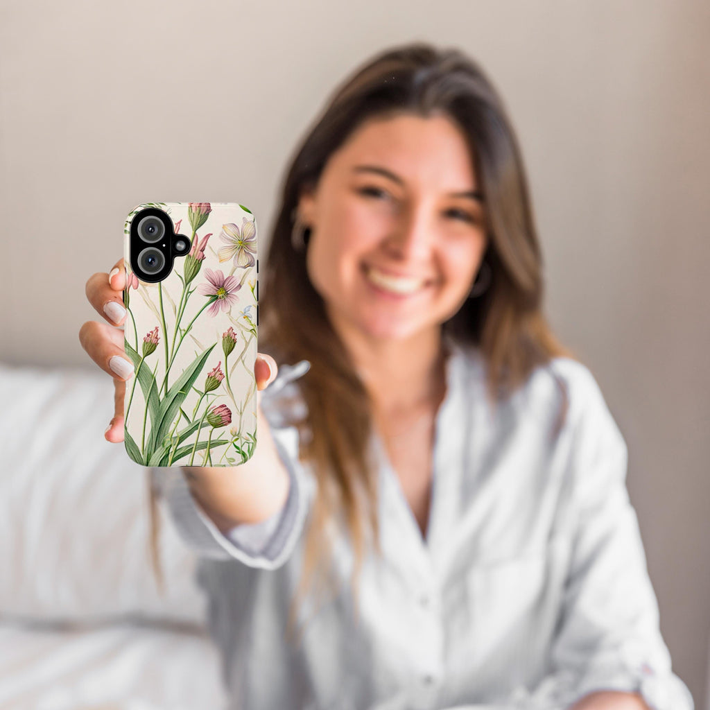 Botanical Floral Phone Case, Wild Flowers Spring Vibes Phone Cover with Ghost Leaves for iPhone 16 15 Pro Max Plus/Samsung S25, 0014.4