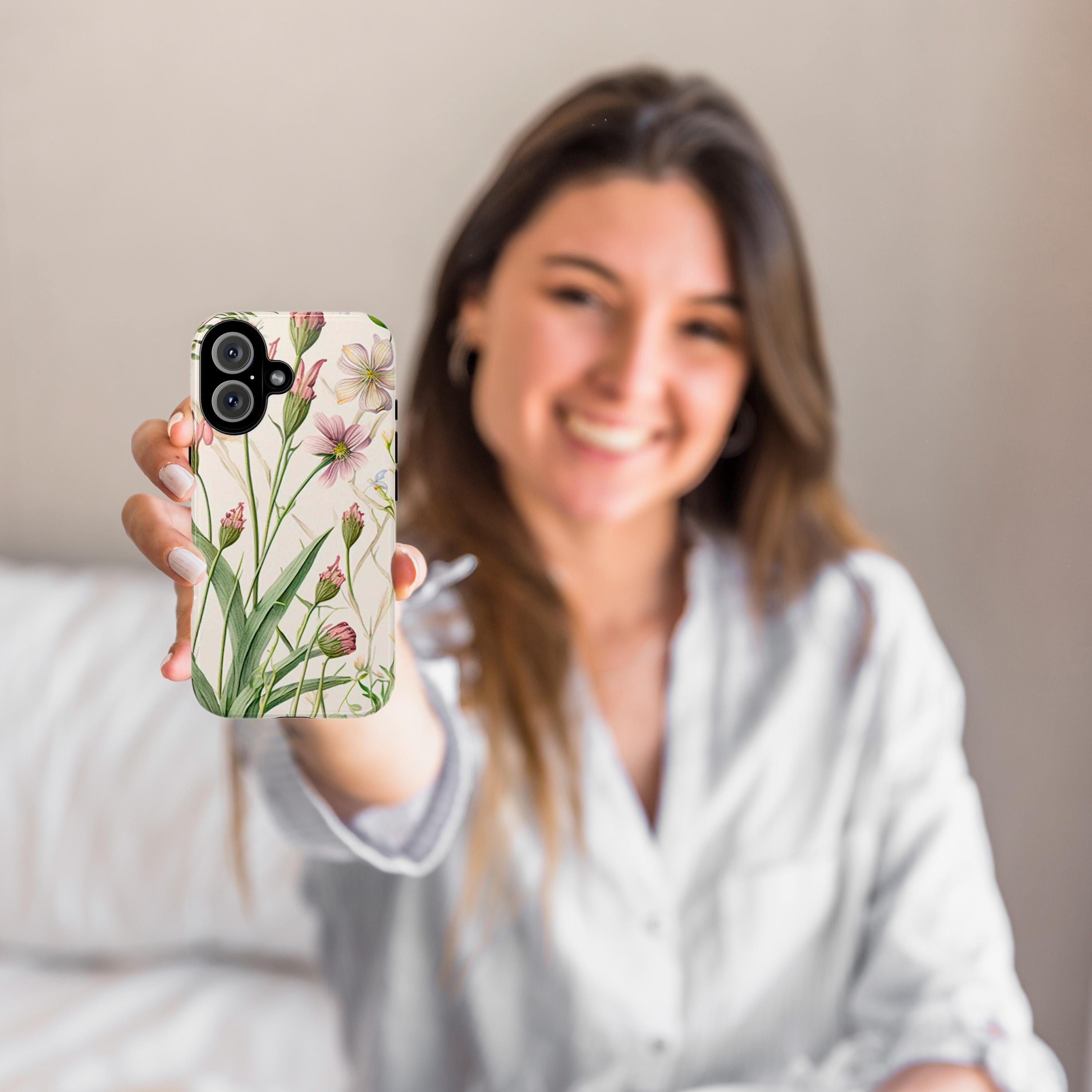 Botanical Floral Phone Case, Wild Flowers Spring Vibes Phone Cover with Ghost Leaves for iPhone 16 15 Pro Max Plus/Samsung S25, 0014.4