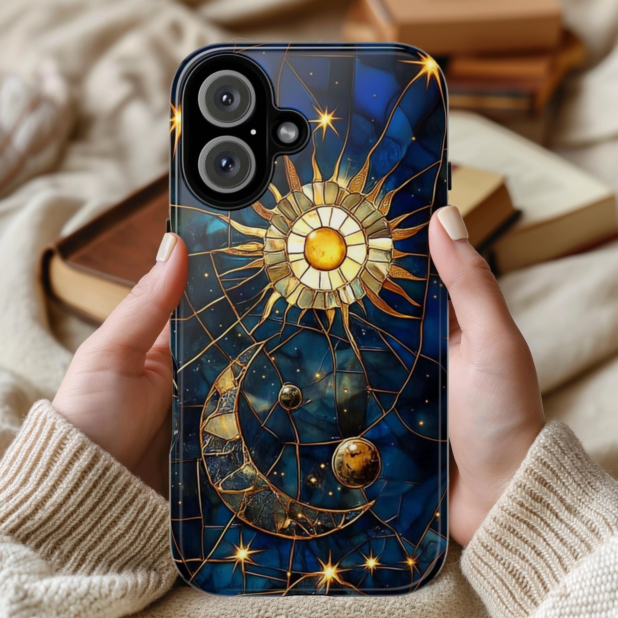 Celestial Stained Glass Print Moon and Stars Phone Case, Mystic Starry Night Cover for iPhone 16, 15, 14, 13 Magsafe & Samsung, Pixel, 432.5