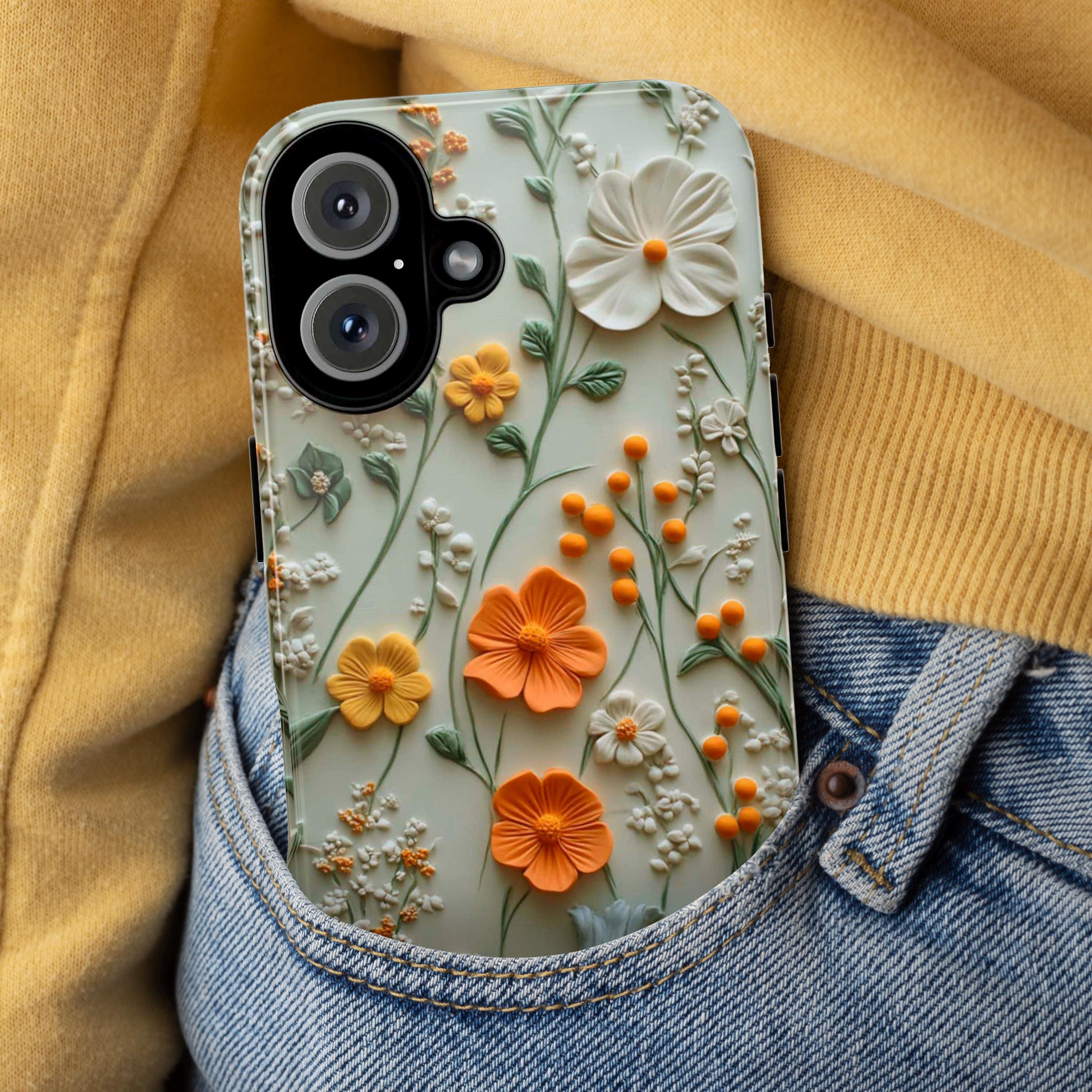 Spring Meadow Floral Phone Case, Elegant Pastel Wildflower 3D Design Phone Cover for iPhone 16 15 14 13 Magsafe Samsung Galaxy S24, 418.10